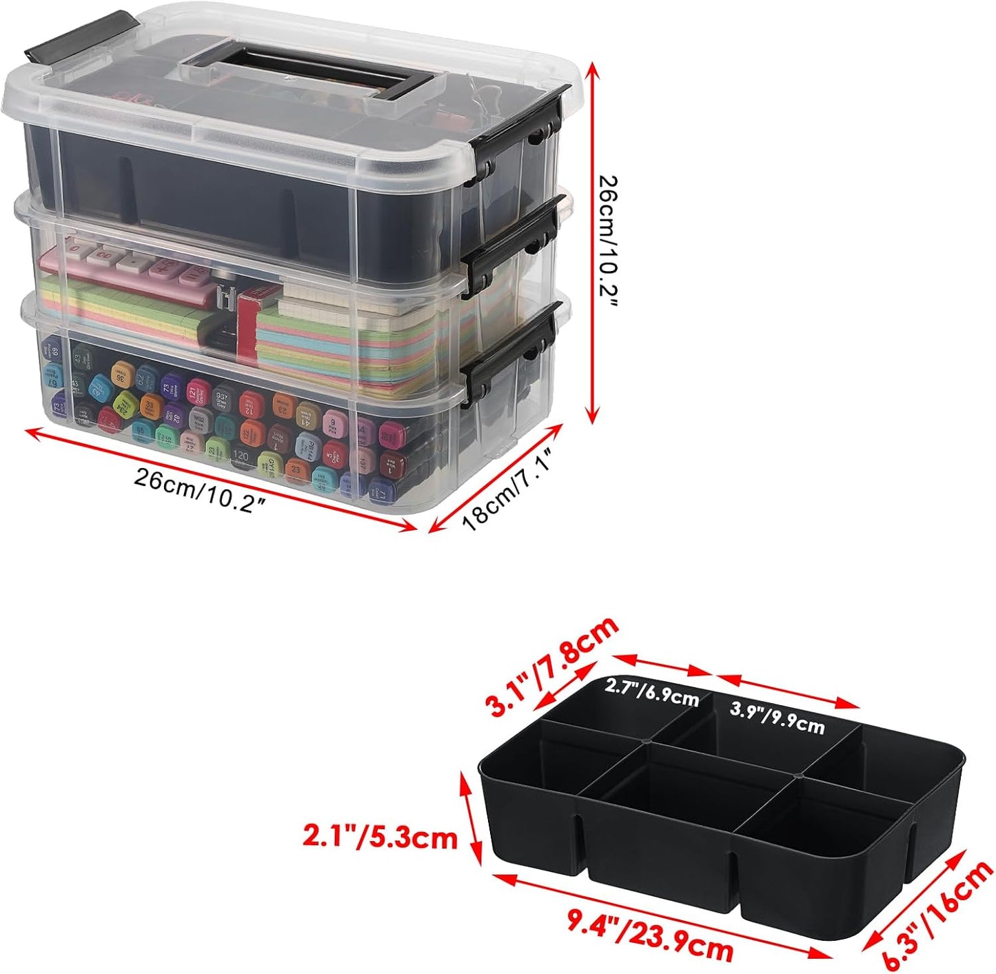 JUXYES 3-Tiers Plastic Stack Carry Storage Containers Box wih Handle Lids | 2 Pack Clear Stackable Craft Organizers and Storage Bin with Tray for Organizing Stationery, Sewing, Art Craft, DIY Supplies