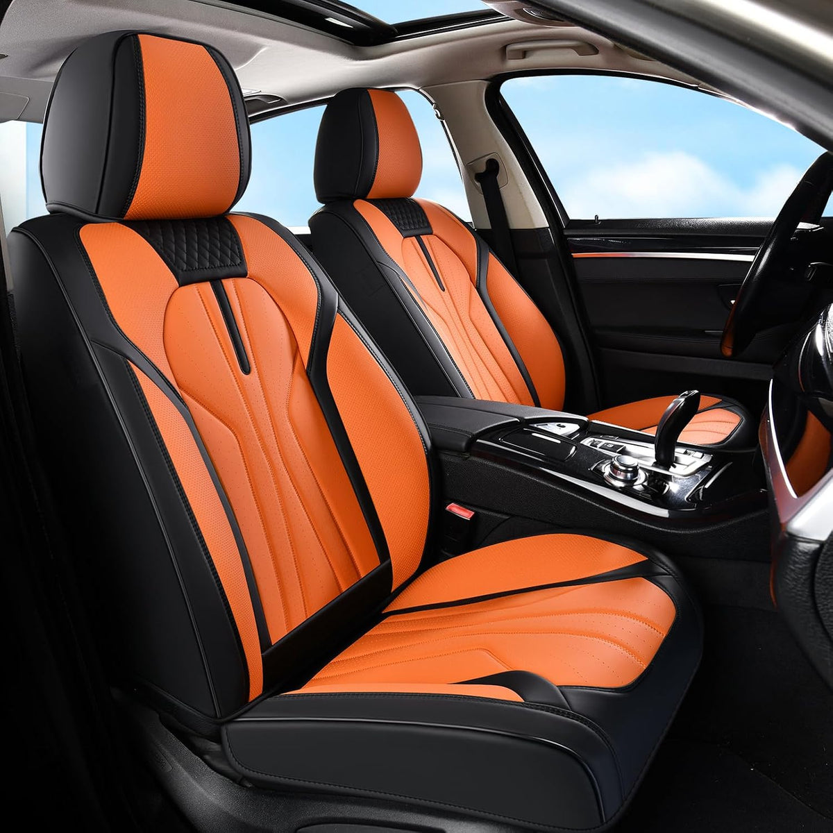 Huidasource Leather Car Seat Covers Full Set 5 Seats, Waterproof Faux Leather Front & Rear Seat Cover with Headrest, Non-Slip Automotive Seat Covers Fit for Most Cars Trucks SUV, Black&Orange