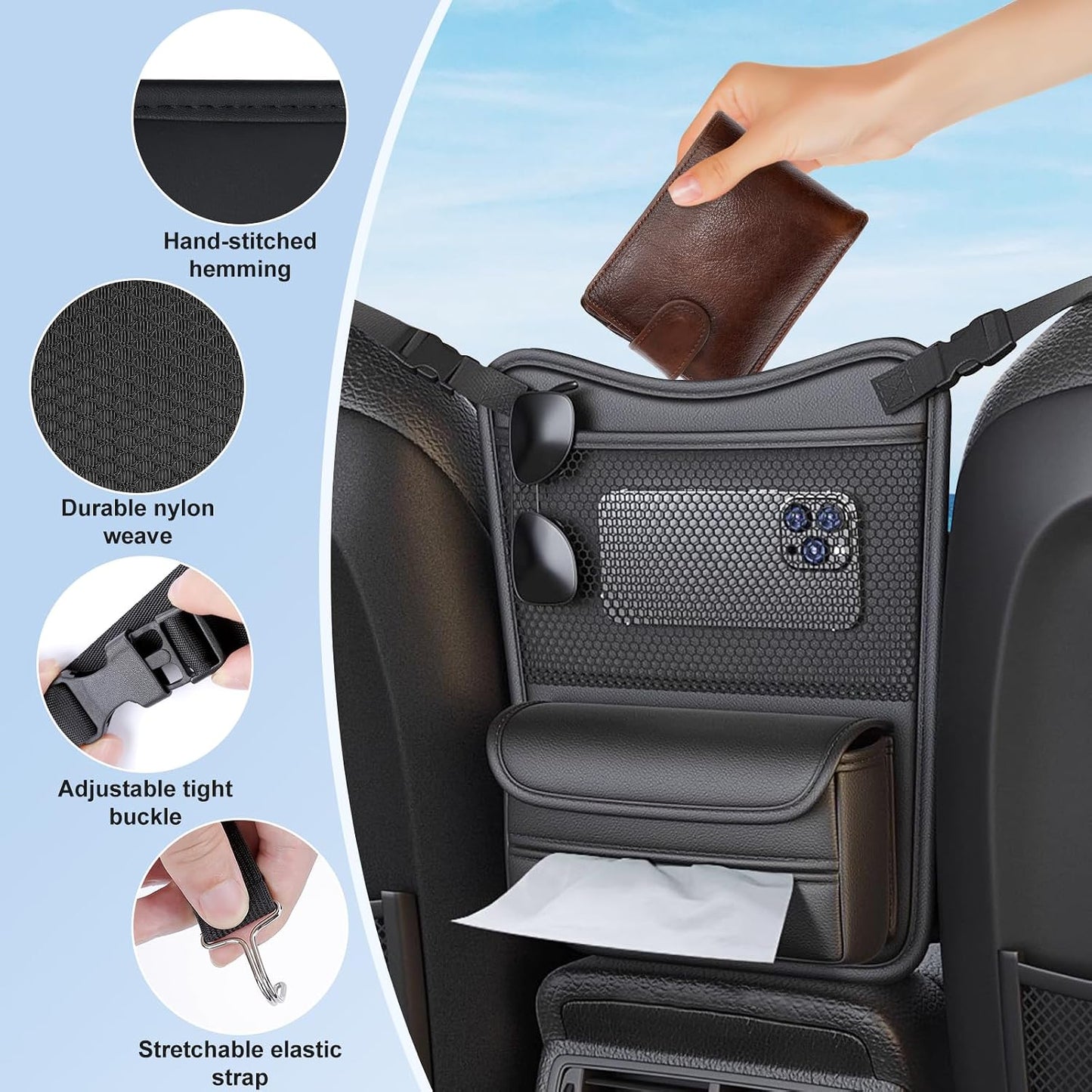 Car Organizer Storage Between Seats, Nappa Leather Headrest Hanging Storage Bag Pocket Purse Holder Snack Holder Automotive Console Organizer for Travel, Driving
