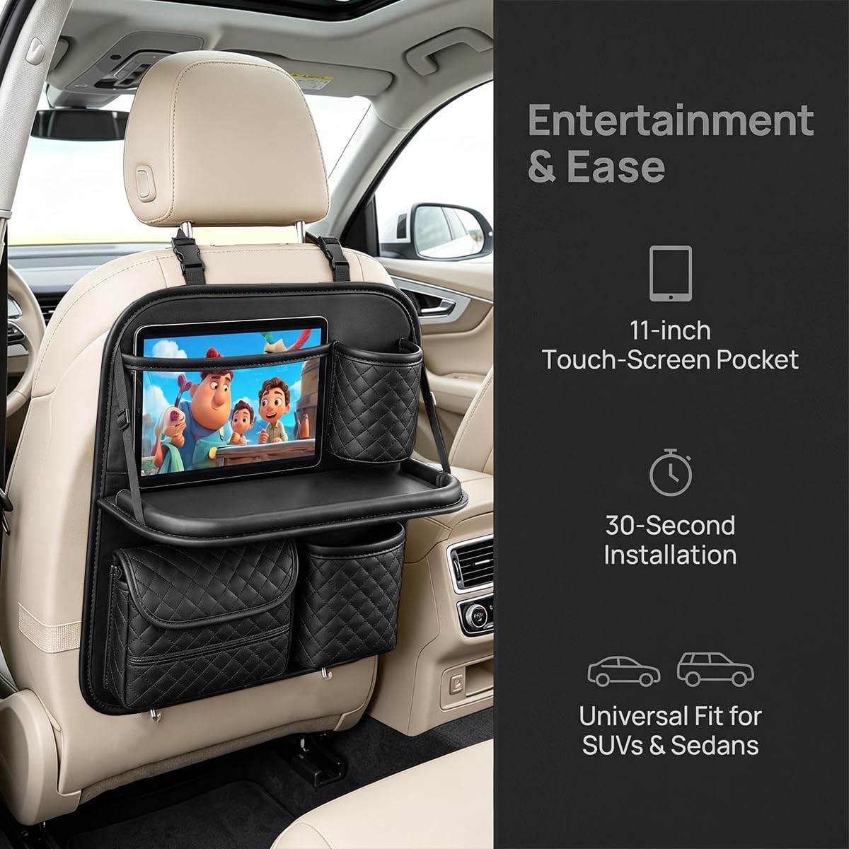Car Backseat Organizer with Tablet Holder, Back Seat Protector with Storage Pocket & Foldable Food Tray, Auto Kick Mat Backseat Organizer Accessories for Travel Trip, Universal Fit (Black)