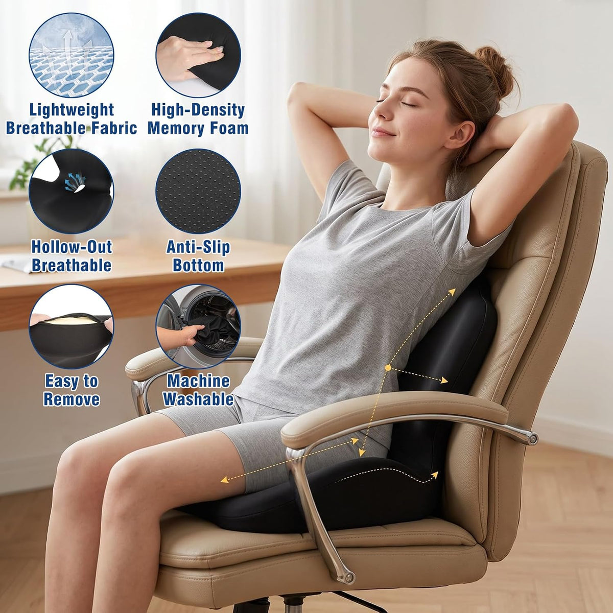 Car Seat Cushion with Lumbar Support Pillow, Memory Foam Office Chair Cushion for Back Pain Sciatica Pain Relief, Ergonomic L-Shaped Seat Cushion for Car Truck Driving Office Chair Home