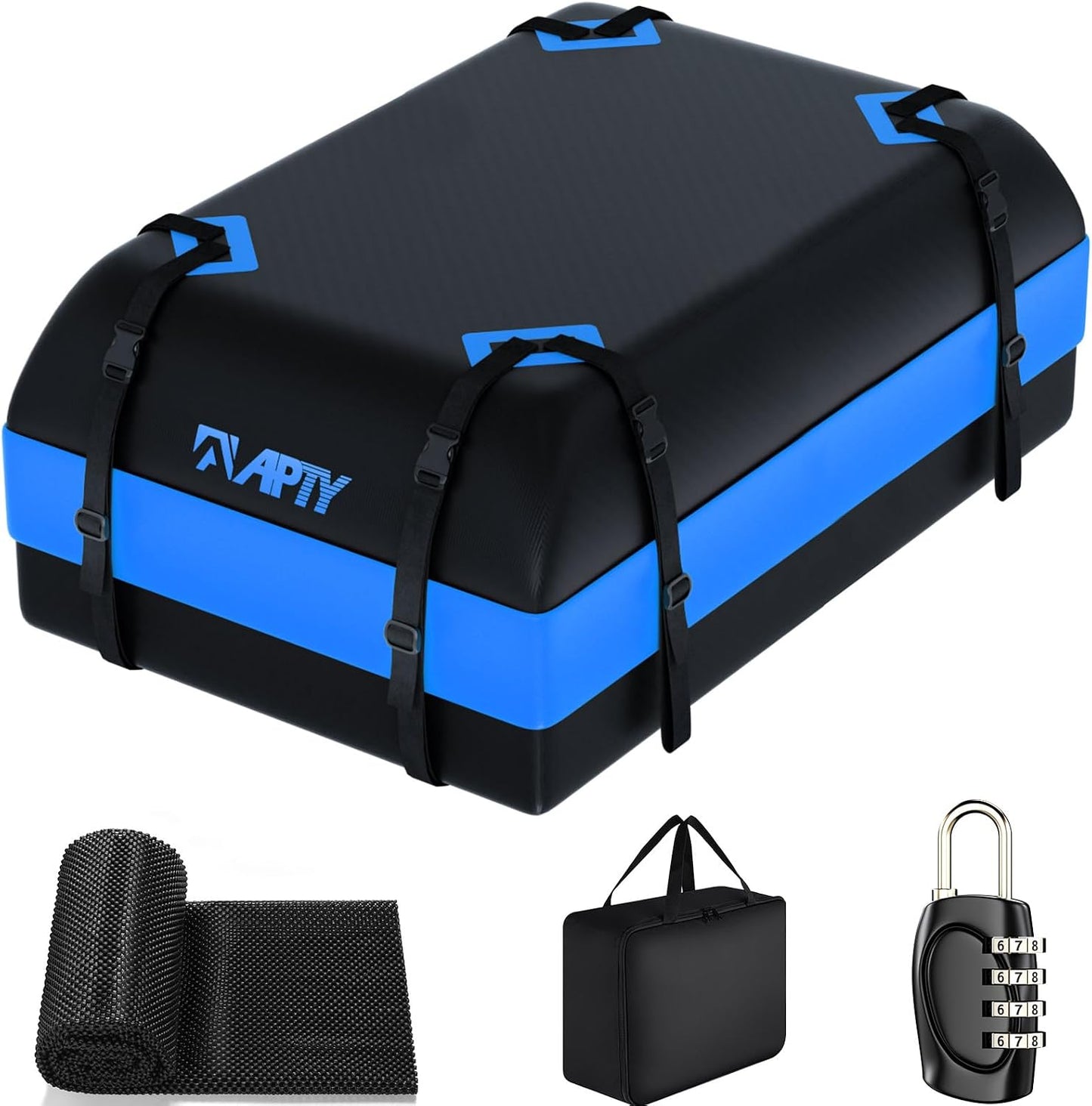 APTY Car Rooftop Cargo Carrier Bag, 16 Cubic Feet Soft Roof Top Luggage Bag for All Vechicles with/Without Racks - with Waterproof Zip, Anti-Slip Mat, Door Hooks, Luggage Lock, Storage Bag