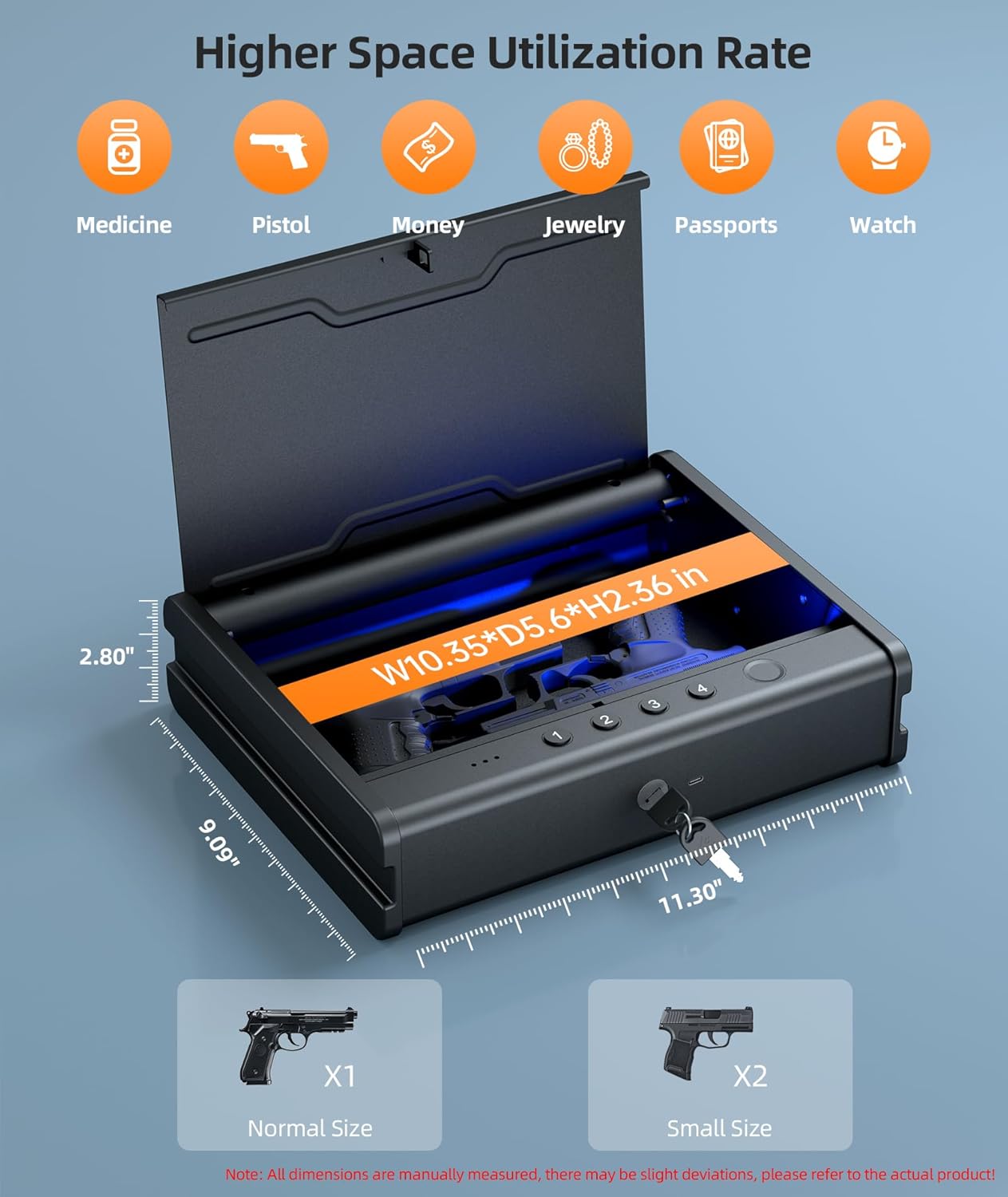 PINEWORLD Biometric Fingerprint Handgun Safe with Raised Backlit Keypad&Key | Interior Light & Emergency Power Supply& Voice Navigation & Mute Mode, With Cable For Home, Nightstand, Car,Travel. Nice Gift