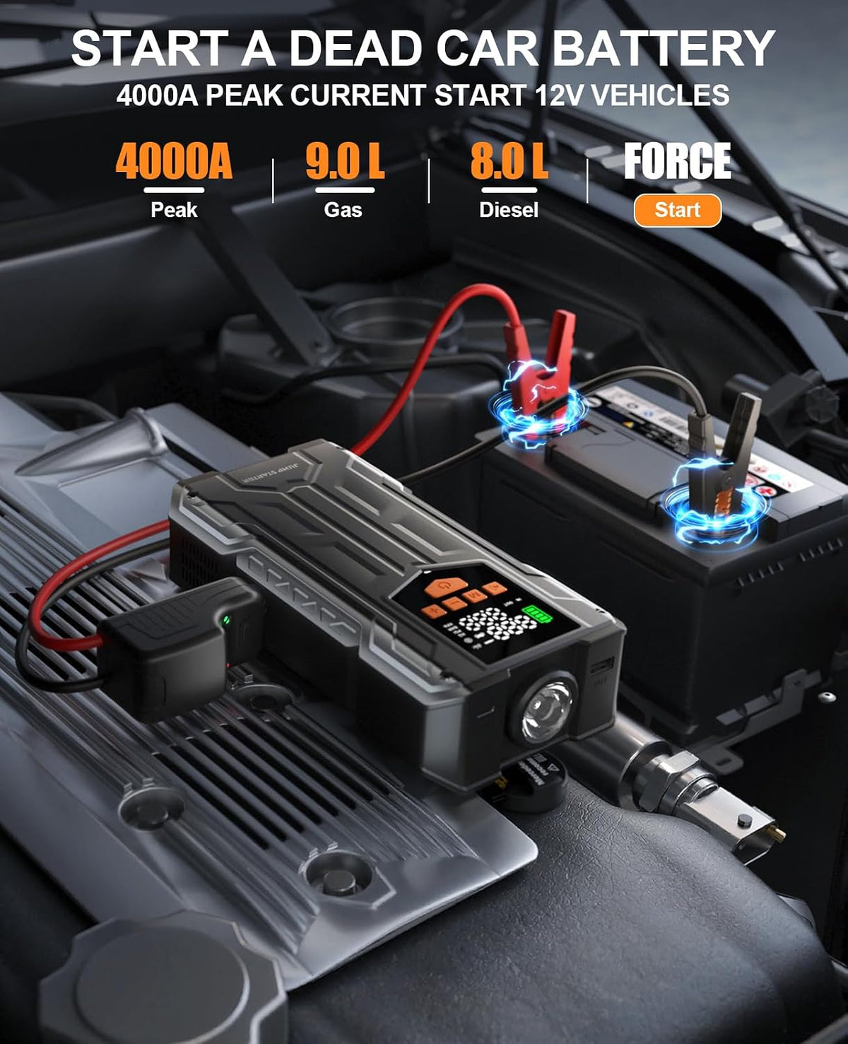 4000A Jump Starter with Air Compressor, Portable Car Battery Charger