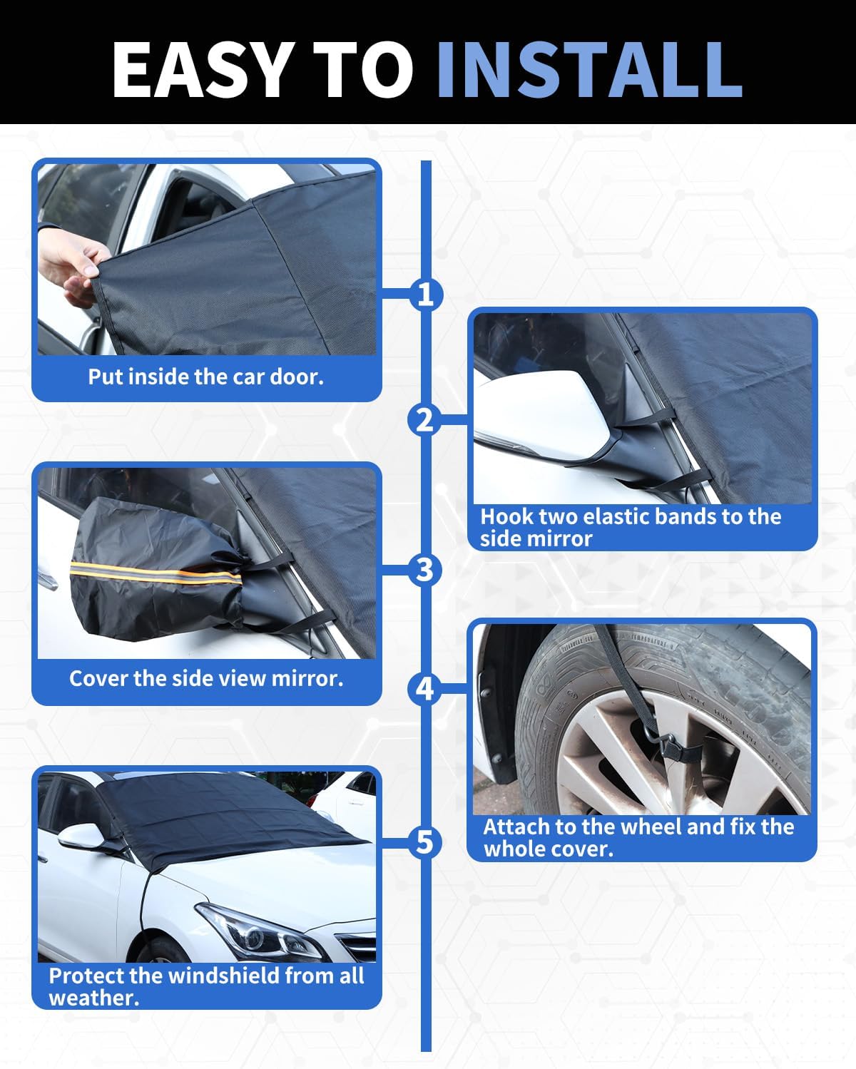 METOWARE 600D Windshield Cover - Heavy Duty All-Weather Sun Shade & Snow Frost Guard, UV Protector, Waterproof Windshield Protector with Mirror Covers for Cars, Sedans, Compact SUVs (69"x42")