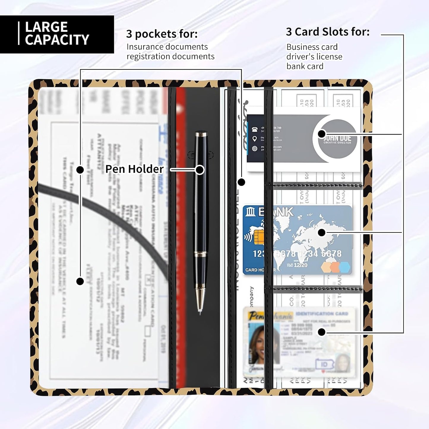 Leather Car Registration and Insurance Card Holder, Cute Car Accessories Vehicle Glove Box Car Organizer for Documents, Cards, License Luxury Brown Leopard