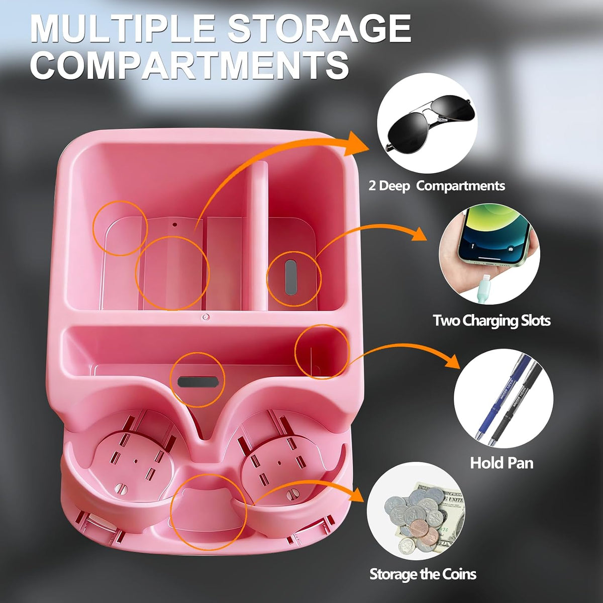 Car Center Console with Adjustable Cup Holders, Universal Center Console Organizer for Truck, Cars, Minivans, Suvs, Truck Floor Console, Bench Seat Center Console (Pink)