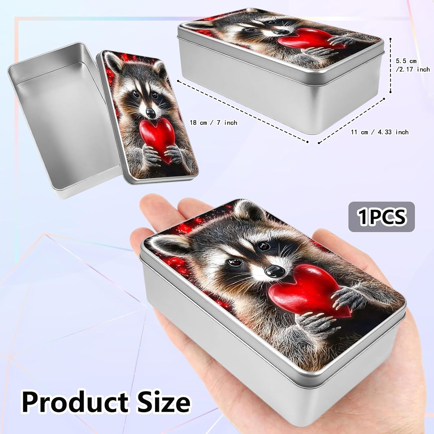 Large Metal Tin Box with Lid, Rectangular Silver Storage Container,7 x 4.33 x 2.17 Inch Empty Tin Organizer for Home, Gifts, Cookies, Pencil Case, Car Keys, Craft Storage, Cute Raccoons