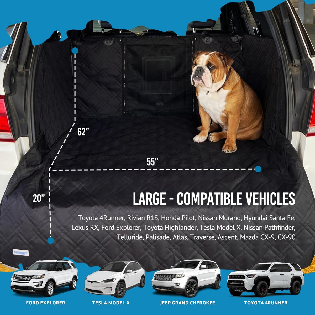 Bulldogology SUV Cargo Liner for Dogs 55"x82" Heavy Duty Complete Pet Trunk Cargo Cover Area - Trunk Cover Car Protector for Dogs Waterproof Nonslip Mat - Dog Cargo Liner SUVs Vans Cars (Large, Black)