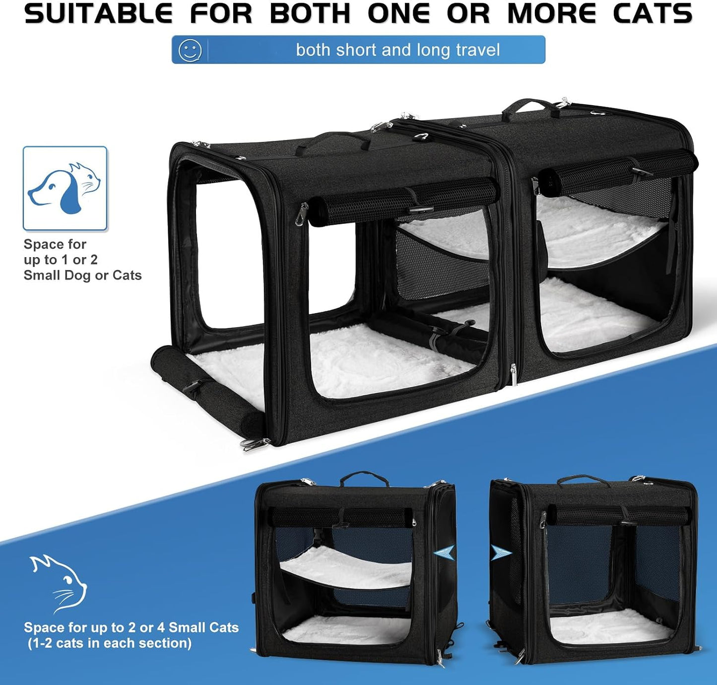 Extra Large Cat Carrier for 2 Cats with Travel Litter Box, 2-in-1 Foldable Soft Pet Car Travel Carrier with Zipper Locks for Multiple Cats Small Dogs Up to 45 Lbs, Black