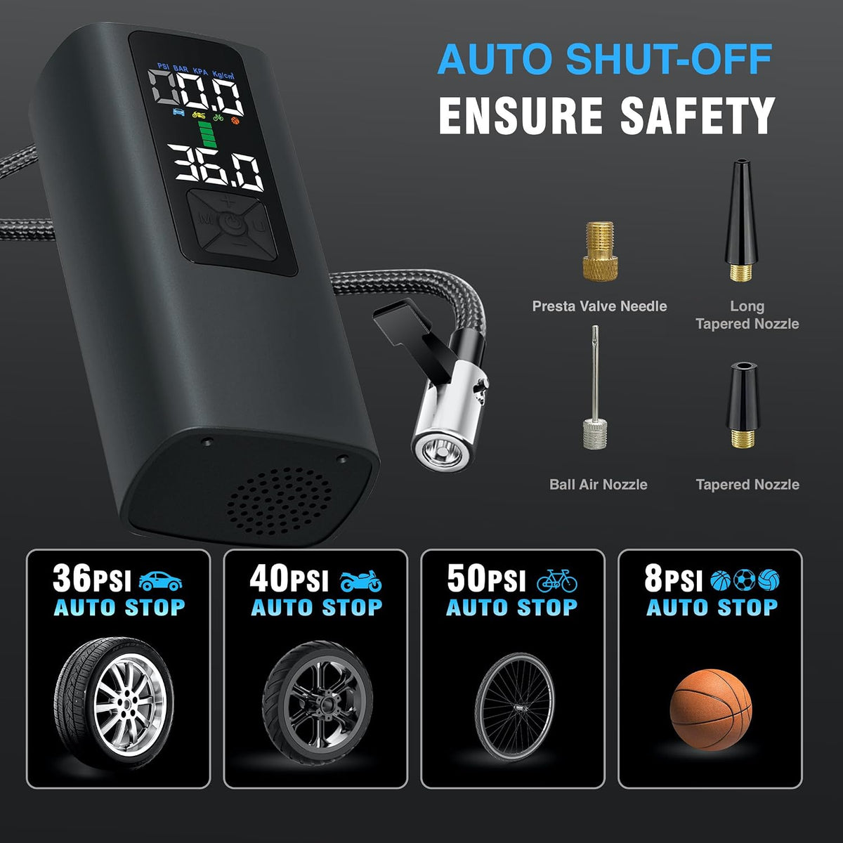 Tire Inflator Portable Air Compressor Auto Air Pump for Car Tire Car Accessories with Color Digital Pressure Gauge 4X Faster Inflation Rechargeable for Motorcycle Bike Ball Power Bank LED Light