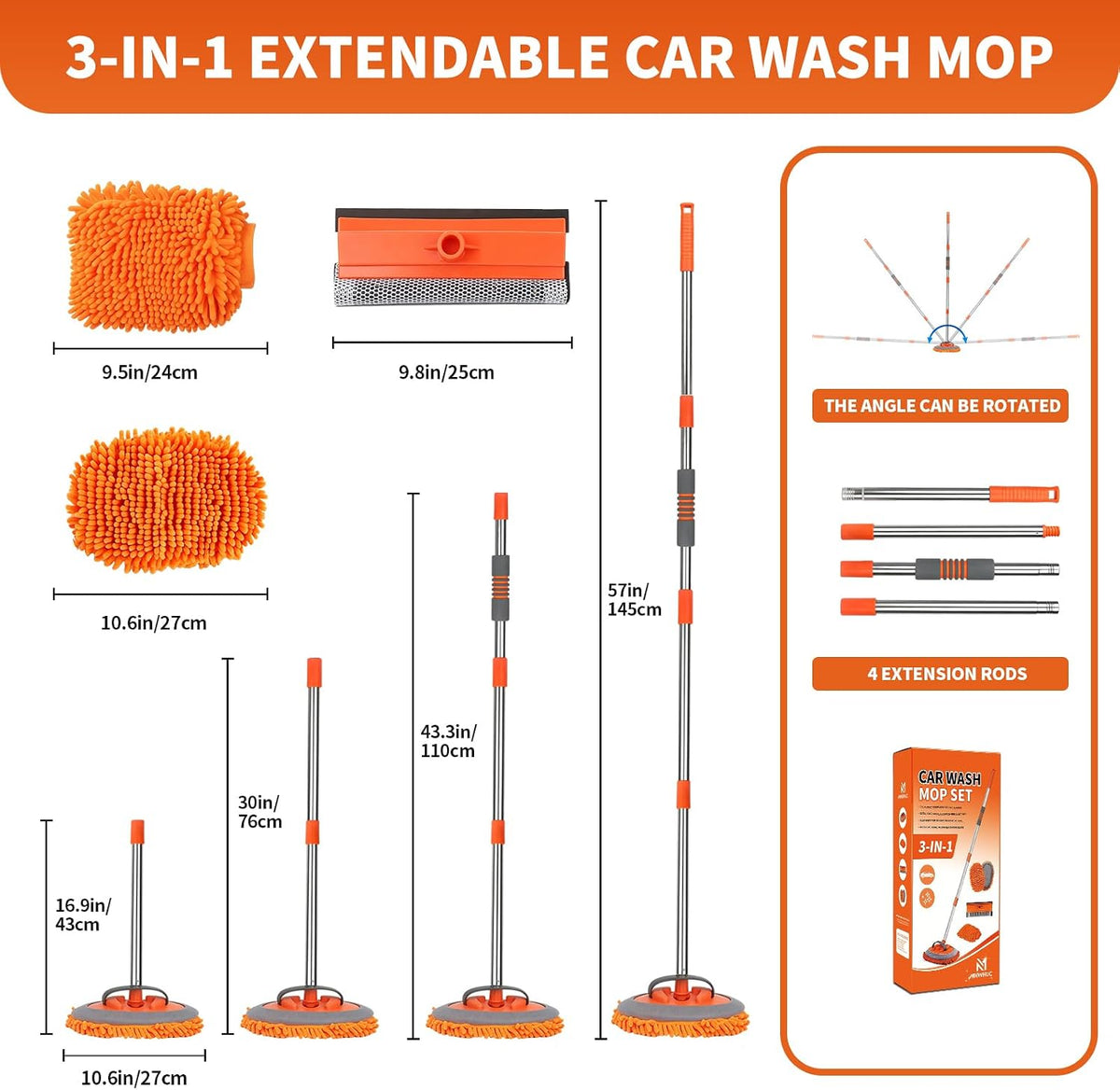 57'' Car Wash Brush with Long Handle Chenille Microfiber,3-in-1 Car Wash Mop Mitt Kit, Car Detailing Brush Cleaning Kit Window Squeegee for Cars RV Truck Boat