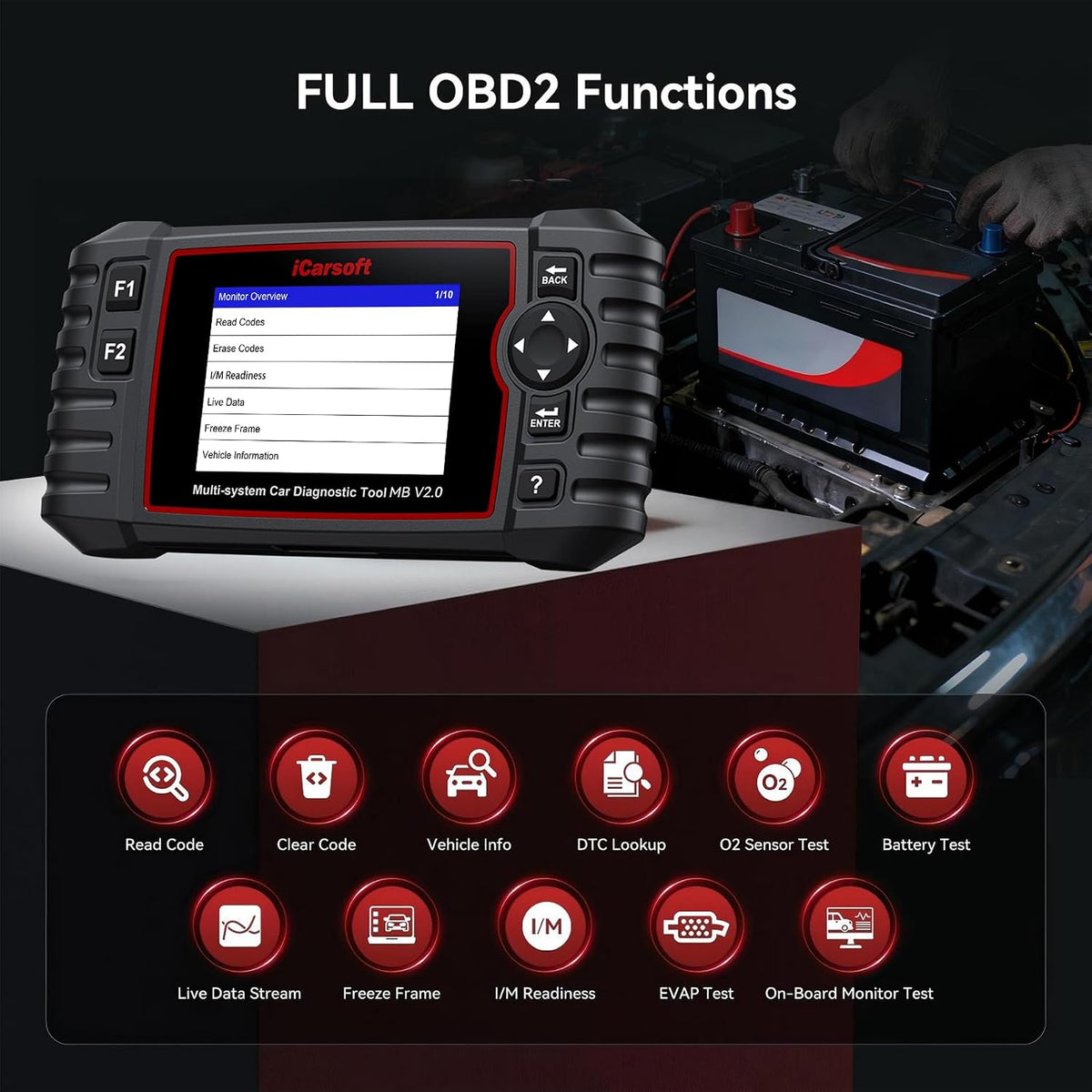 iCarsoft MB V2.0 Full System Diagnostic Scan Tool for Most Mercedes Benz from 1996-Present OBD2 Scanner 9 Reset AutoVIN Free Update Car Code Reader with Battery Test CAN FD 15 Languages Plug-and-Play