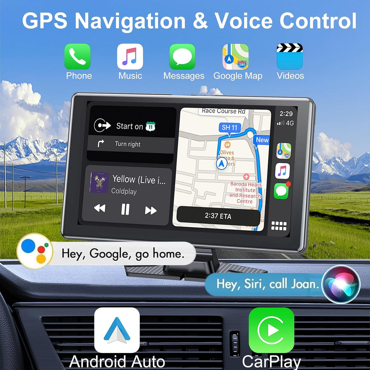 9-Inch Wireless CarPlay & Android Auto Car Stereo with 1080P Backup Camera, 4K Dash Cam, HD Portable Touchscreen/GPS Navigation/Mirror Link/AUX & FM Transmitter/Voice Control for All Vehicles