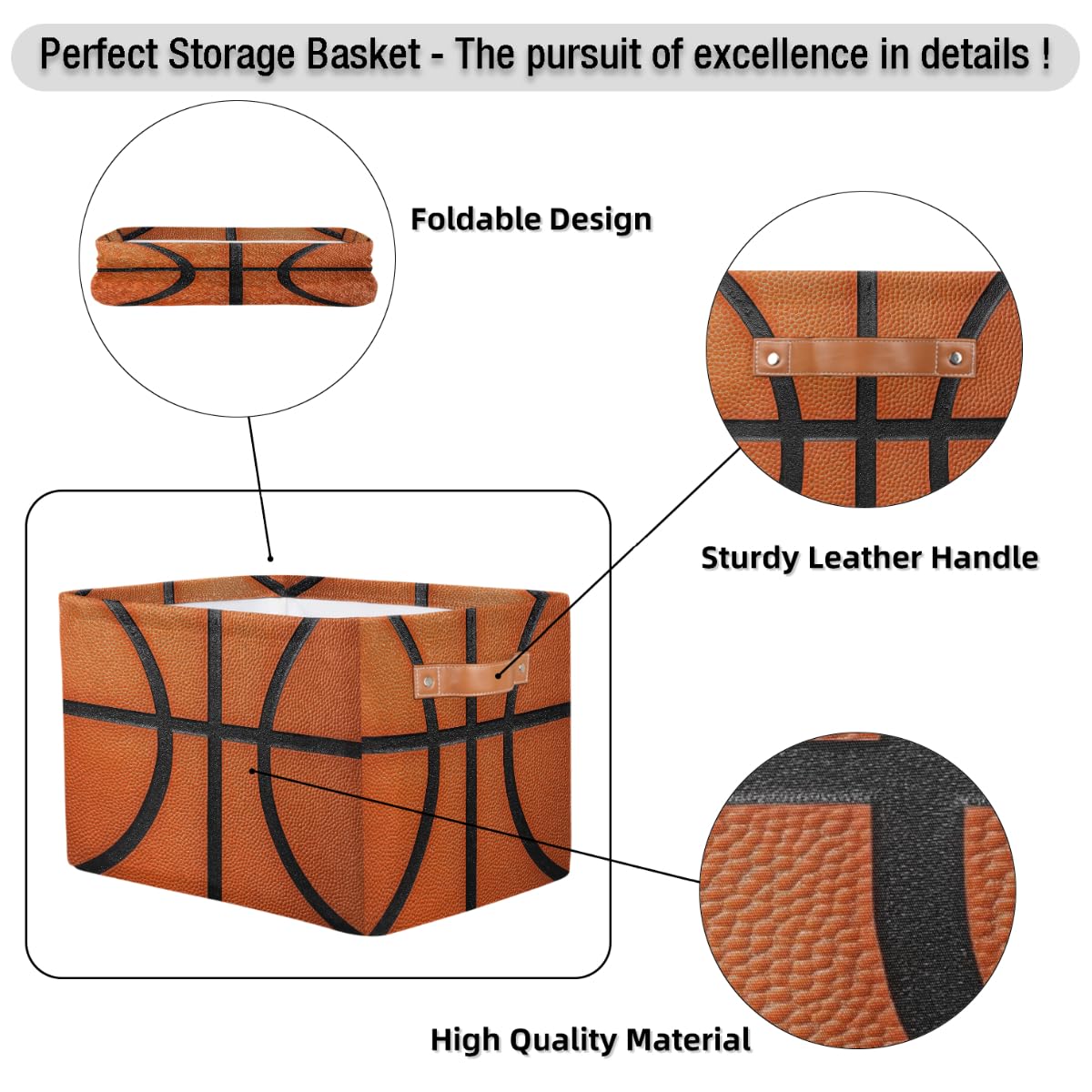 Basketball Texture Storage Baskets for Organizing, Fabric Collapsible Storage Bins Box Sport Pattern Decorative Toy Organizer Baskets for Closet Shelves Gift Basket 1 Pc