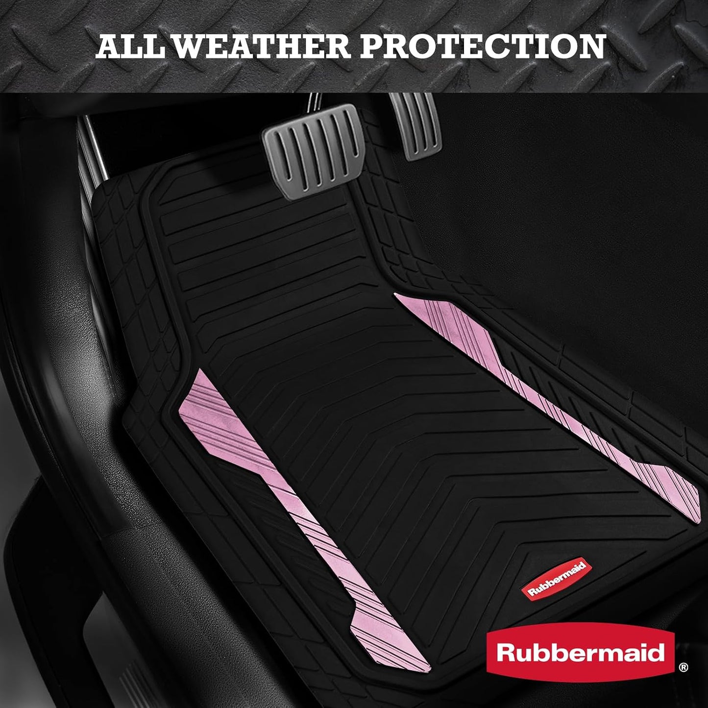 Rubbermaid Car Floor Mat, Heavy Duty All-Weather Car Mats Full Set with Dual-Tone Pink Aluminum Inserts – Universal Fit, Anti-Slip Backing, Trim-to-Fit for Most SUV, Sedan, Van