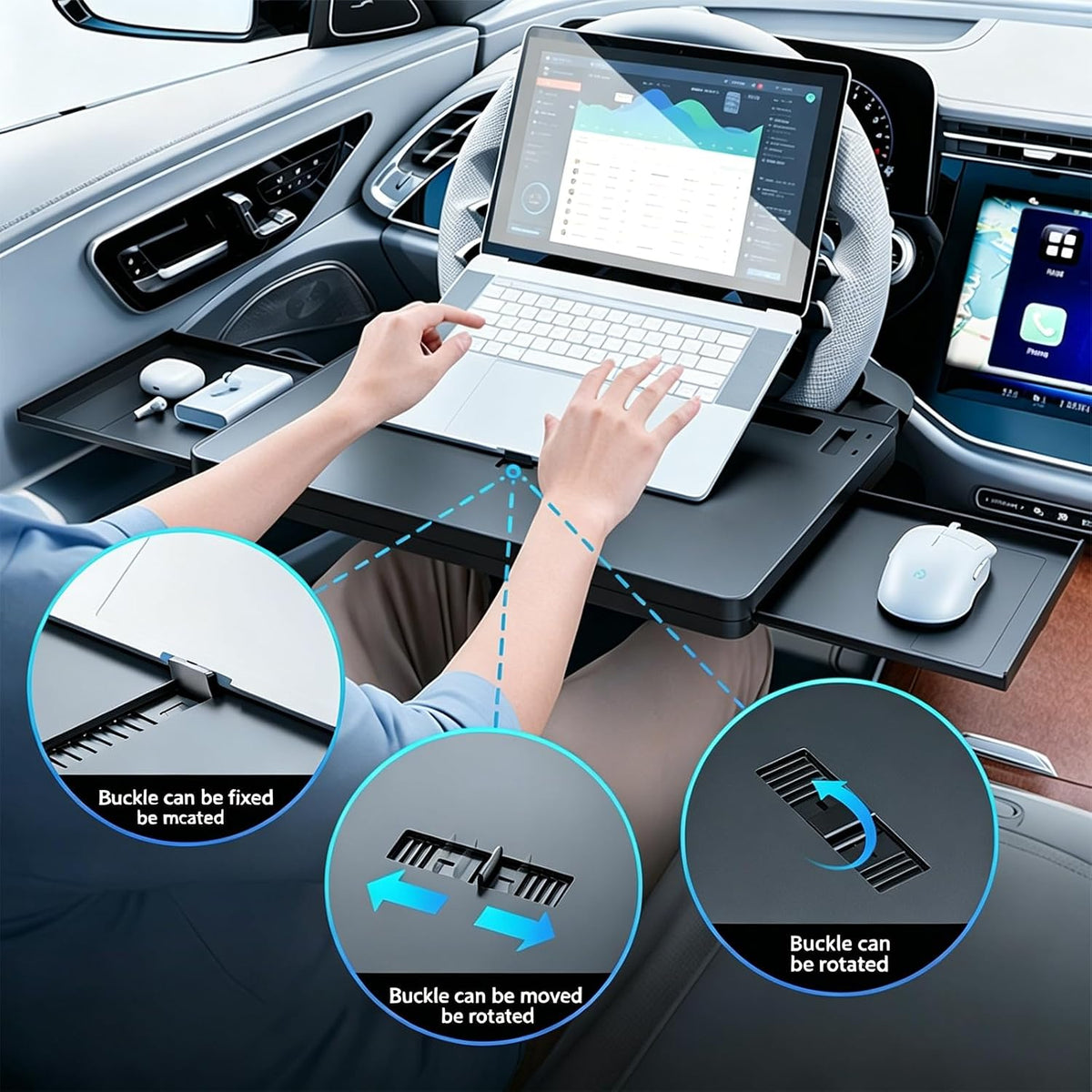 Steering Wheel Tray, 80% Extra-Large Telescoping Car Desk for Laptop, Multi-Functional Car Table for Eating & Working, Portable Car Desk, Compatible with Most Cars, SUVs, Trucks