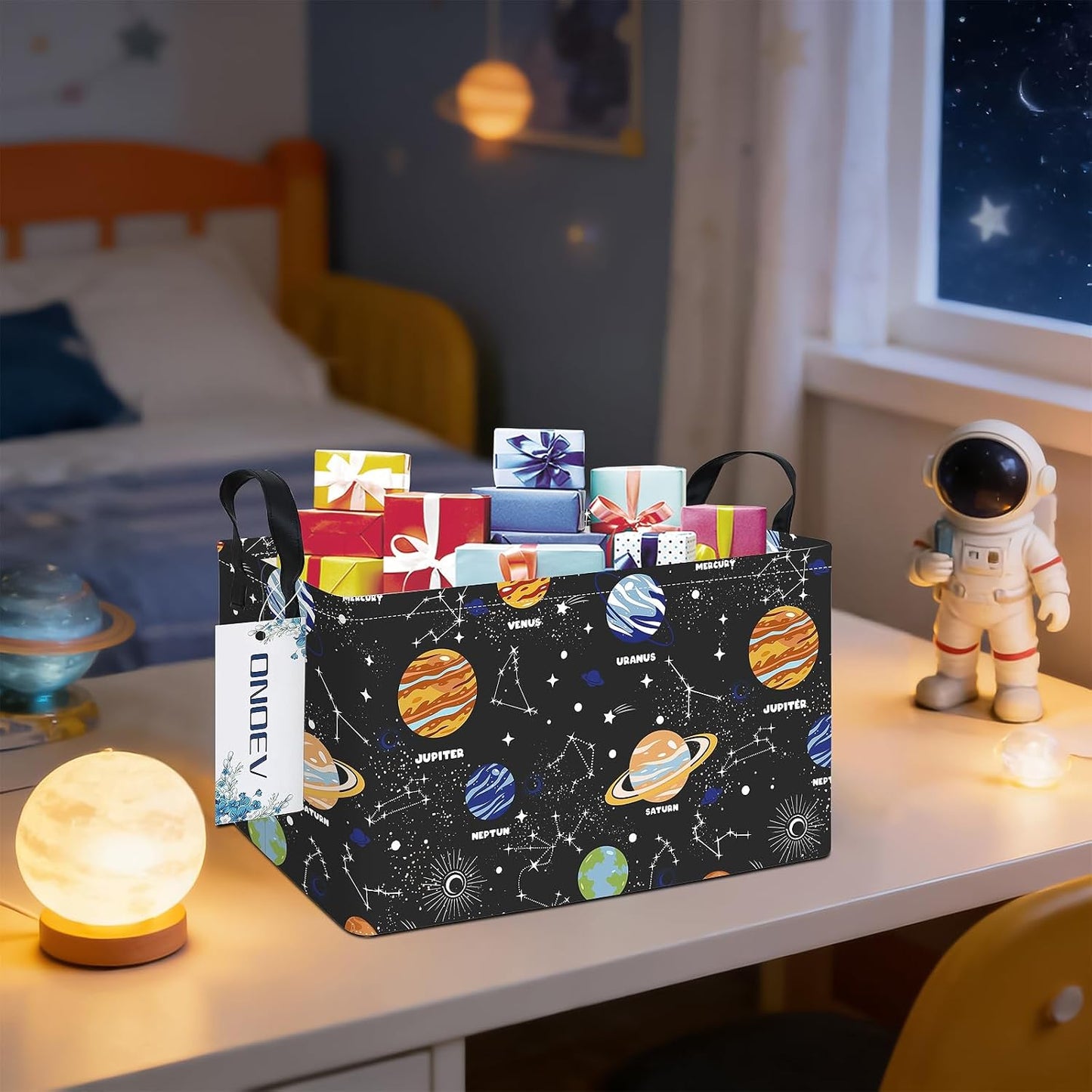 Rectangular Solar System Planet Storage Bin, Closet Organizer Basket | Moisture repellent textile, reinforced carry grips, collapsible holder tidies cabinet and teenage bedroom belongings