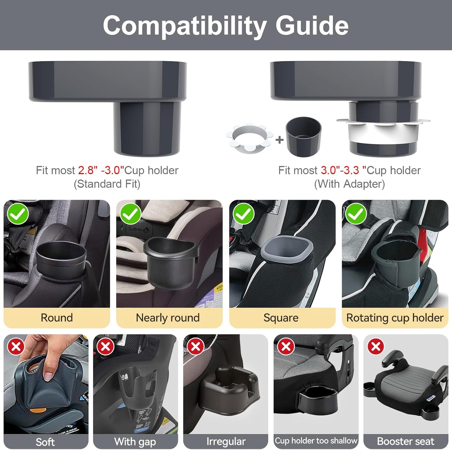 Car Seat Snack Tray for Toddlers - 3 Inch Cup Holder Fits Most Sippy Cups & Straw Bottles with Dip Well, Mess-Free Square Kids Travel Tray Road Trip Essentials, Dark Grey