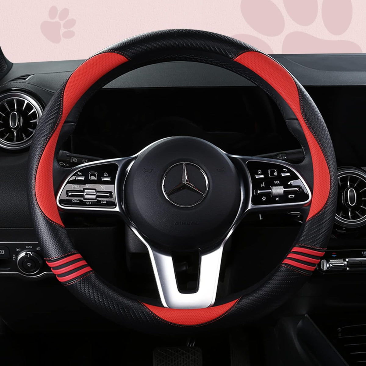 HighnessHwoo Car Steering Wheel Covers for Women Padded Carbon Fiber PU Leather Cute Auto Interior Accessories for Vehicle, Sedan, Universal, Anti Slip, Red, Standard Size, 14.75-15.15in