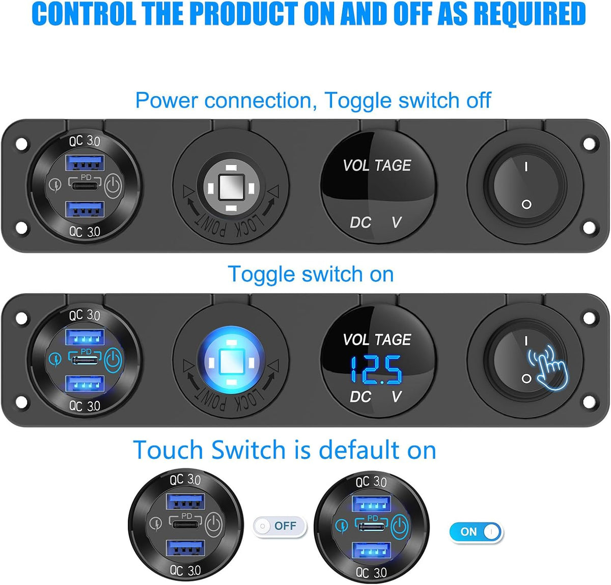 4 in 1-12V USB Outlet RV Accessories Marine Switch Panel Plug, PD3.0 and Dual QC3.0 Car USB Port Aluminum Charger, Lighted 150W Cigarette Lighter Socket, Blue LED Voltmeter and Toggle Switch DIY Kit