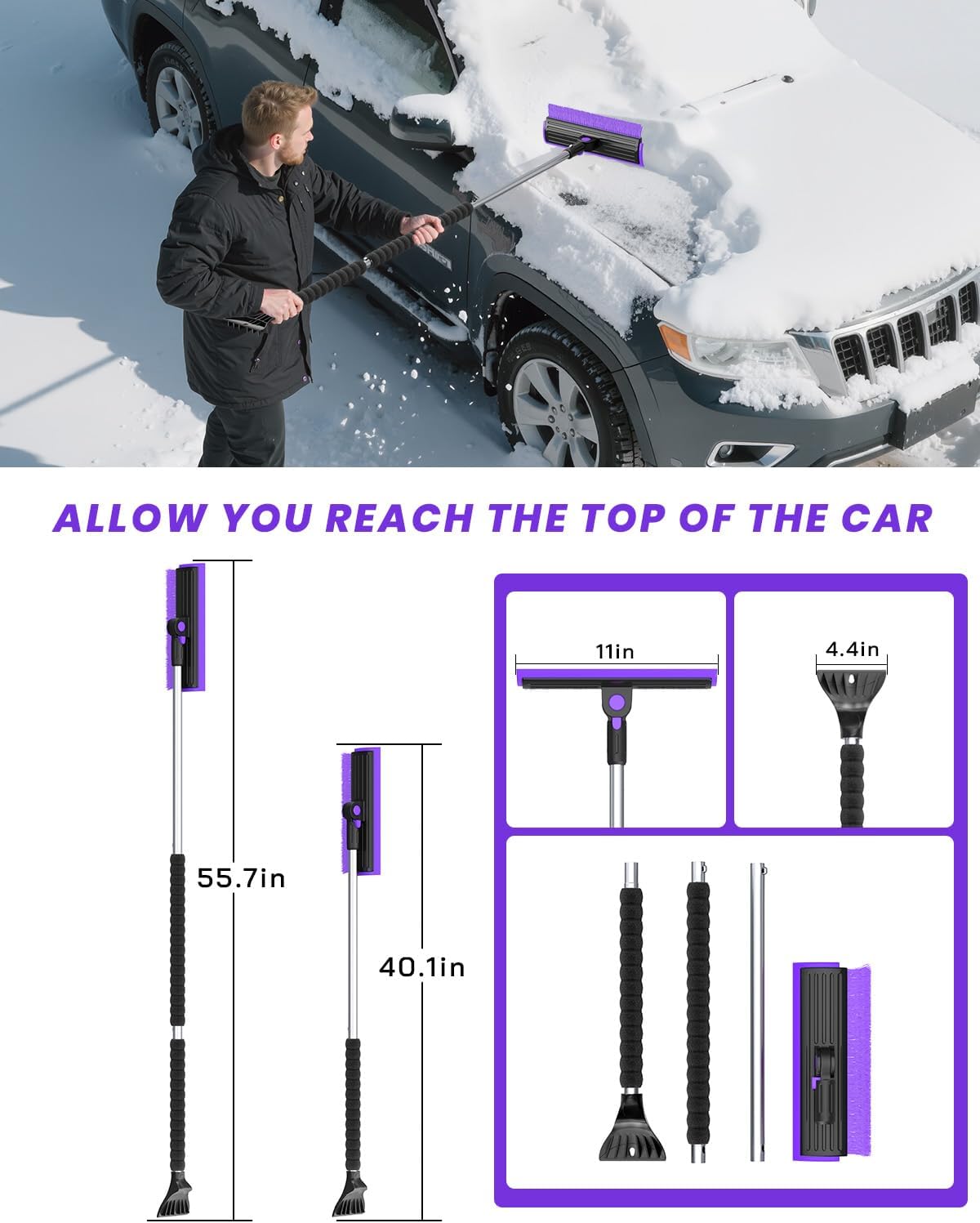 helloleiboo 55.7" Extra Long Ice Scraper with Snow Brush, Purple