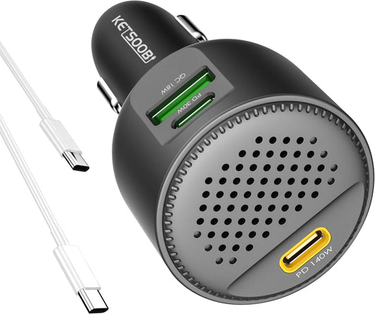 170W Car USB Charger with Built-in Heat Dissipation System, 3 Ports Car Adapter PD 3.1 140W/ PD 30W+QC18W Compatible with MacBook, Laptop, iPhone 17/16/15, Samsung Galaxy S24 (Black)