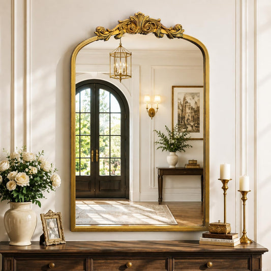 Arched Gold Bathroom Mirror, 24x36 Inch Vintage Vanity Wall Mirror