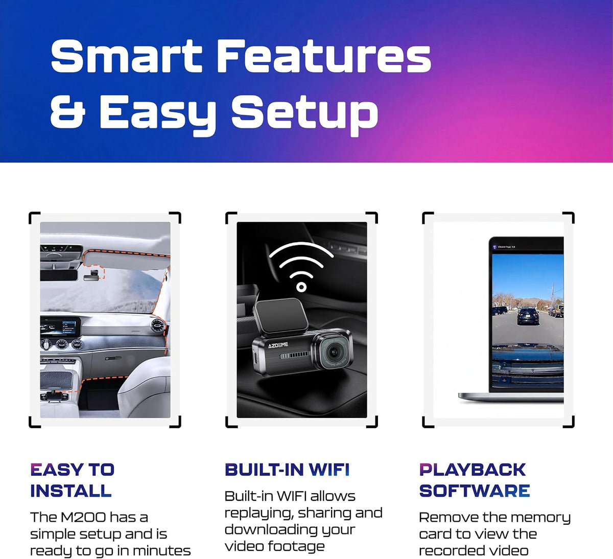 AZDOME M200 Mini Dash Cam WiFi Dashcam - Single Channel Dash Cam for Broad Road Coverage - Built-in WiFi - Full HD Resolution - Parking Monitor - App Connectivity - Collision Detection - Night Vision