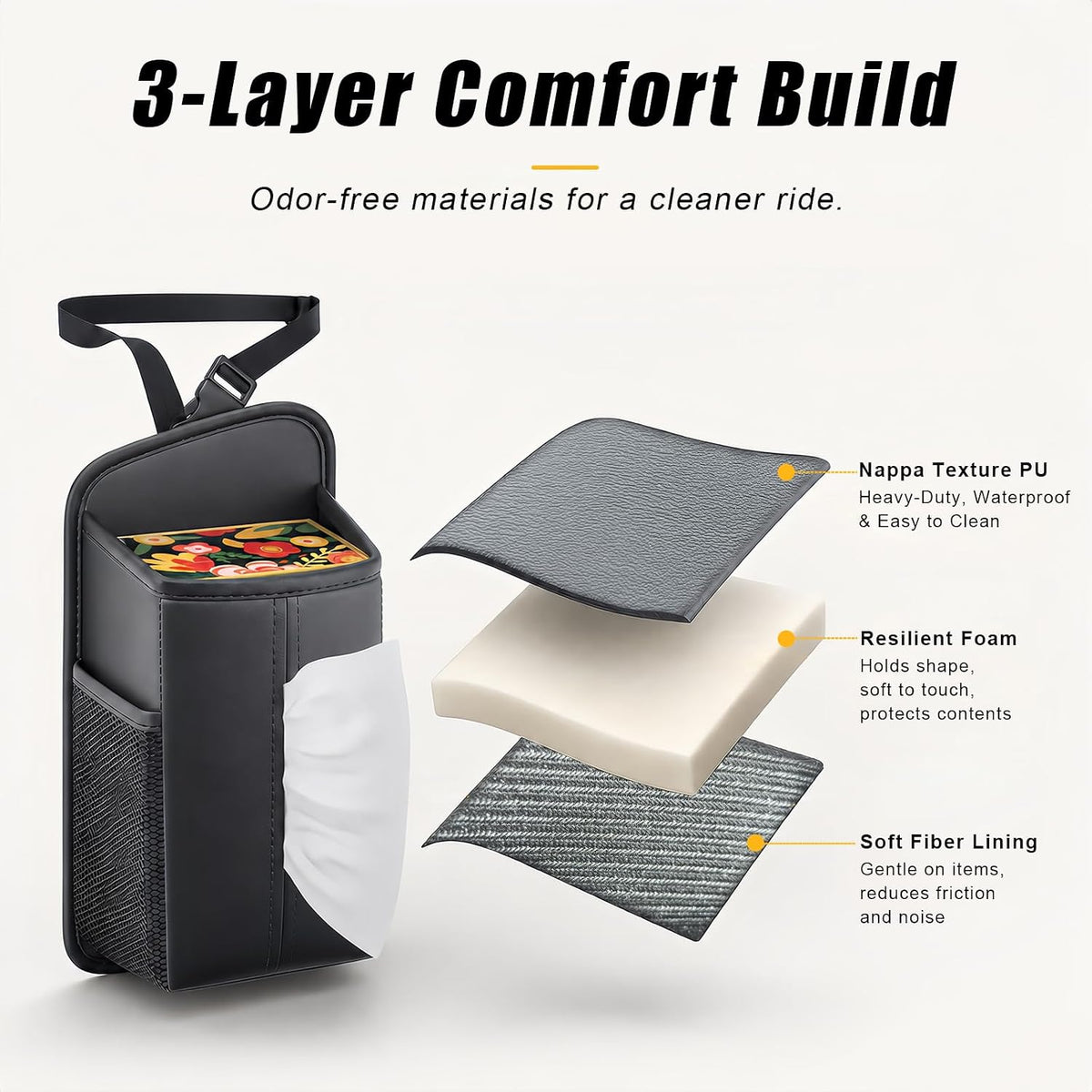 Car Tissue Holder, Waterproof PU Leather Tissue Box Cover with Mesh Pockets, Rectangular Napkin Holder Hanging Car Storage Organizer for Vehicle Front Seat, Fit for SUV Truck Van