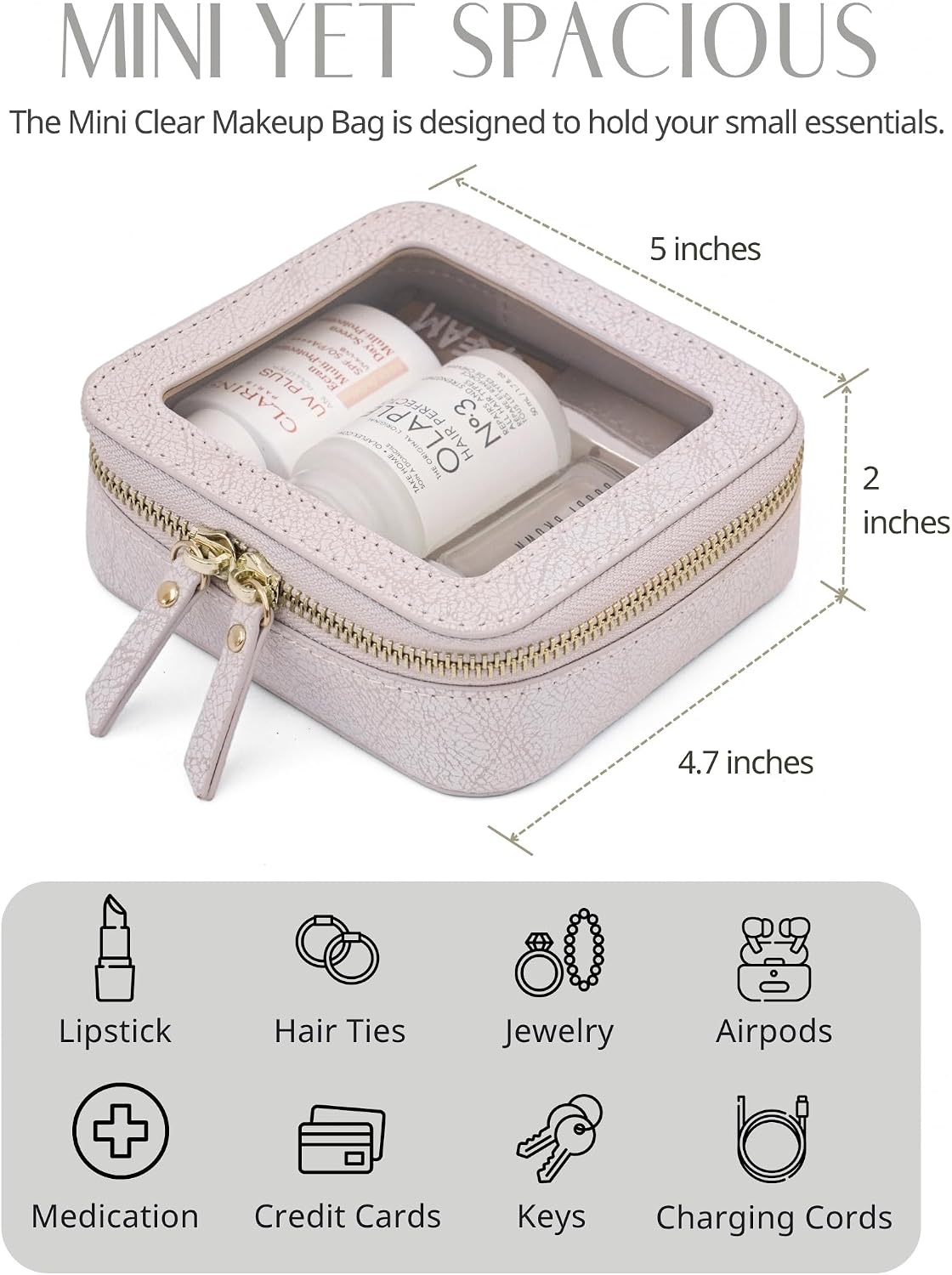 Popvibe Clear Makeup Bag Travel Cosmetic Case Transparent Toiletry Bag with Zipper, Portable Make Up Organizer Traveling Compact Car Bag for Essentials, Light Pink, Mini