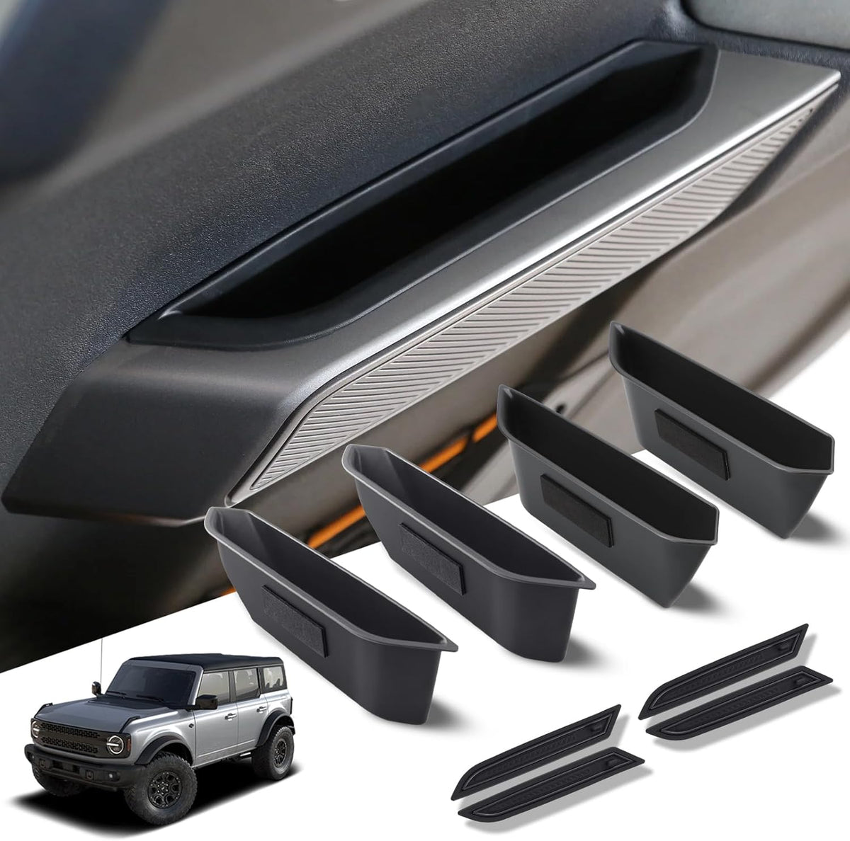 1797 4 Door Handle Storage Box fit for Ford Bronco 2021 2022 2023 2024 2025 2026 Accessories Car Pocket Organizer with Anti-Slip Black ABS Plastic-4pcs/Set (Not for Sport/2 Door)