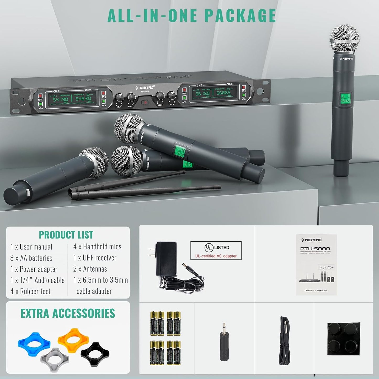 Phenyx Pro Wireless Microphone System PTU-5000-4H Bundle with The Customizable Extra Large Size Carrying Case