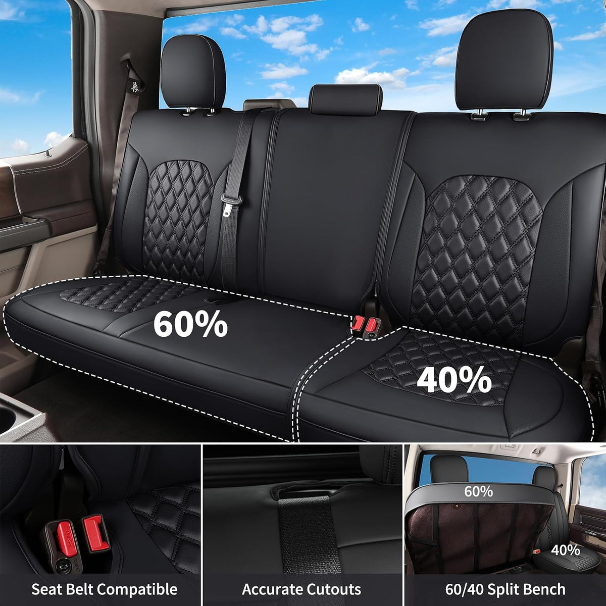 Huidasource Tacoma Rear Bench Car Seat Covers, Black Leather Back Row Seat Cushion Cover Fit for Toyota Tacoma 2016-2023 Double & Crew Cab SR SR5 Limited TRD Sport/Pro/Off Road (Back Row/Black)