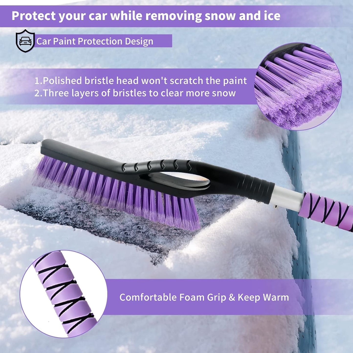 OUSHASAA 2 Pack 27" Snow Brush and Ice Scraper for Car Windshield - Purple | Soft Non-Scratch Bristles, Non-Slip Foam Grip, Detachable Design, Car Snow Removal Tool for Windshields & Windows