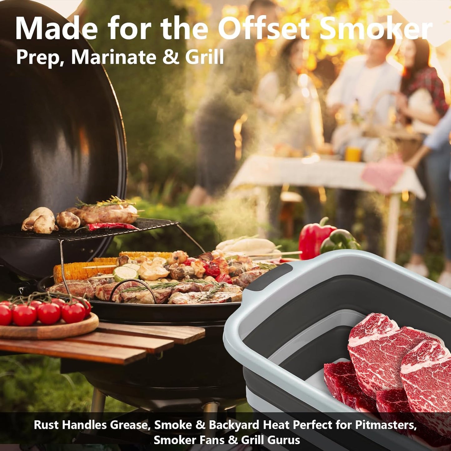 BBQ Prep Tub Collapsible with Cutting Board & Lid XXL 7.95 Gal / 66 lb Meat Marinating Basin & Barbecue Utensils - Grill Carry System - Outdoor - Gift for World Cup 2026