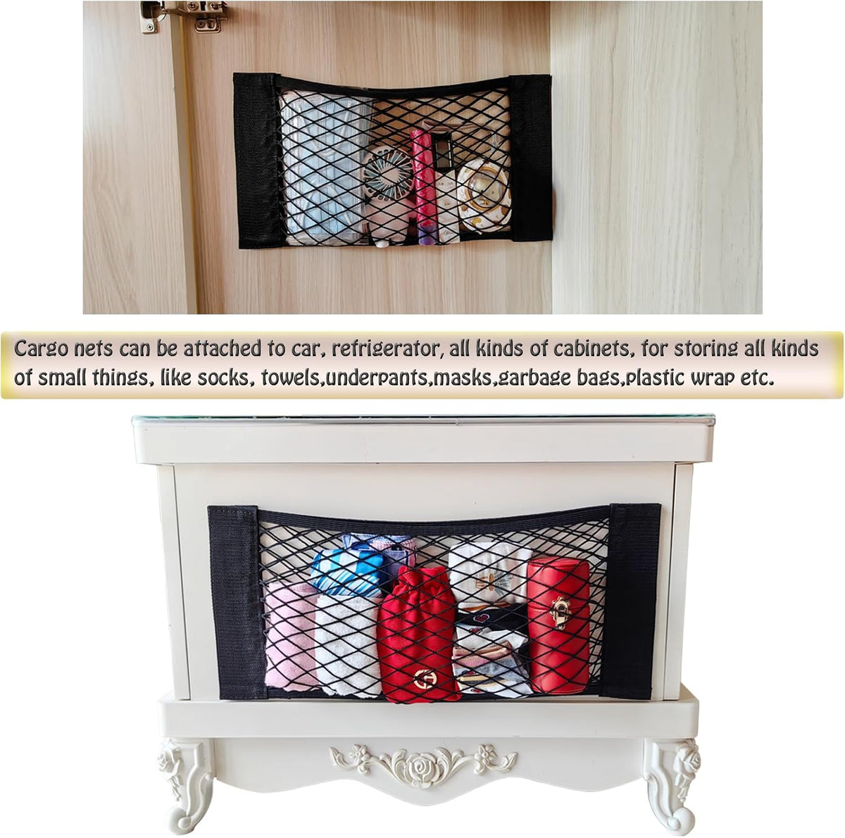 6 Pack Mesh Cargo Net Car Trunk Net Wall Sticker Organizer Pouch Bag Elastic Net with Tape Stickers for Car Trunk Storage Storage Holder for Kitchen Cabinet,Closet Organize