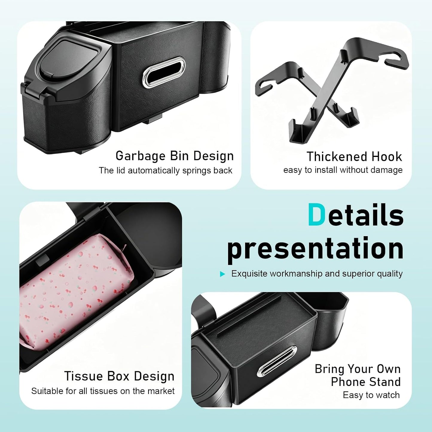 7-In-1 Car Organizer, Multifunctional Car Seat Back Organizer Box with Cup Holders, Tissue Box, Trash Can & Hooks, for Hold Phone, Snacks, Drinks, Handbag (Black)