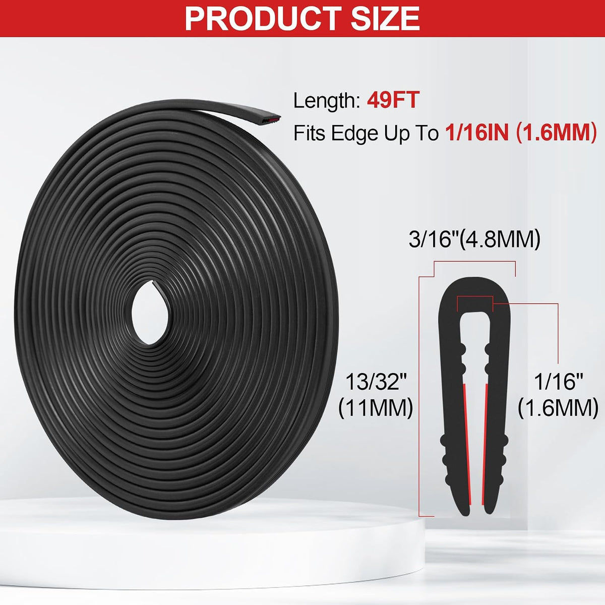 ToLanbbt Rubber Edge Trim U Channel, 1/16" Self Adhesive Sheet Metal Edge Guard Protector, EPDM Seal Strip for Car Doors, Steel Plates, Glass, Hatches, Table Corners, Fit 1/16"(1.6mm), 49Ft, Black