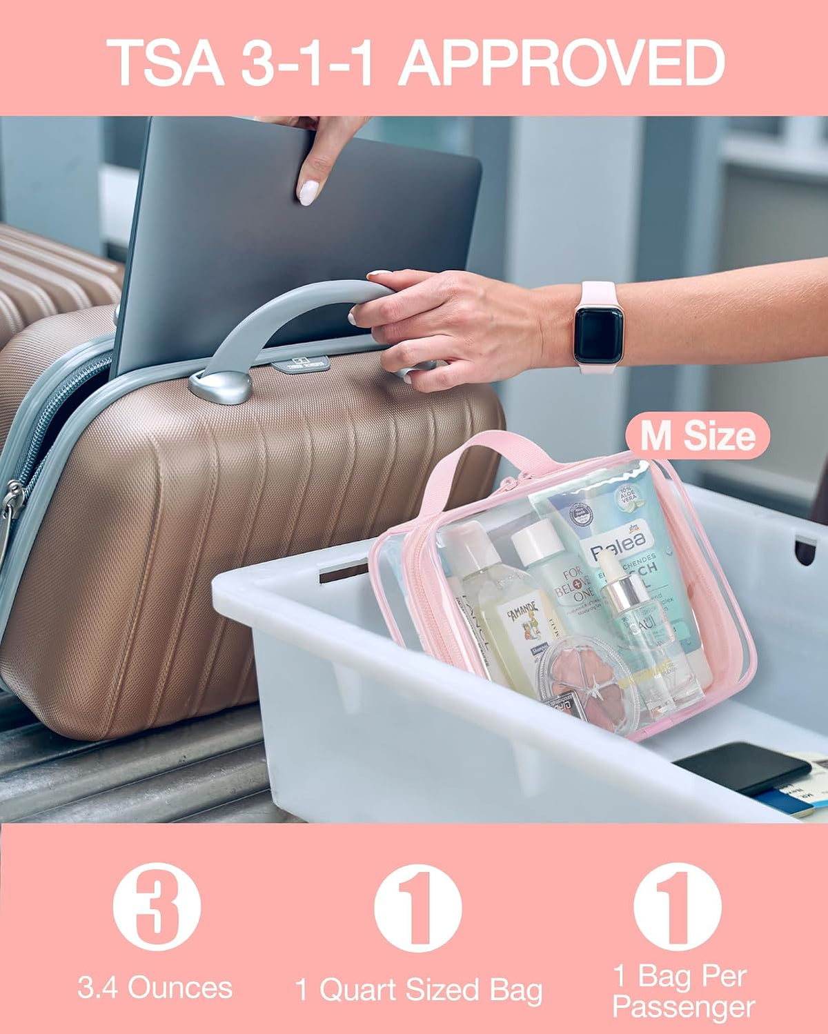 BAGSMART Clear Toiletry Bag with Handle 3-Pack TSA Approved, Pink