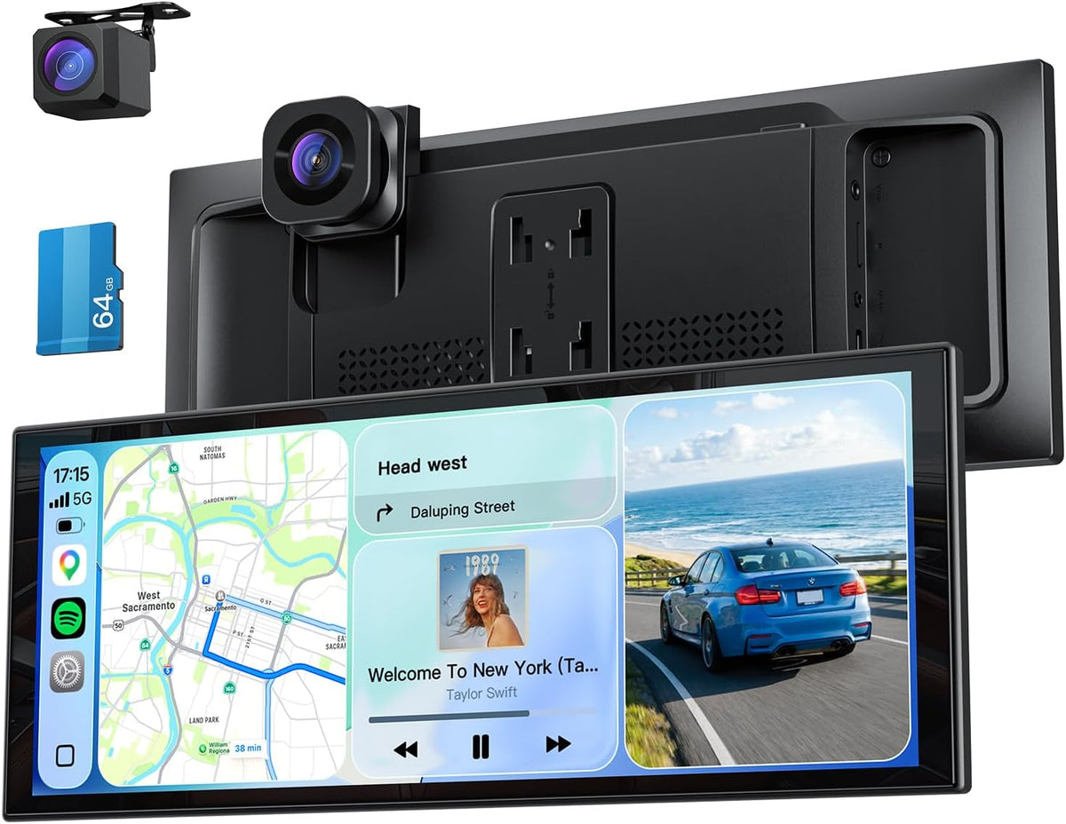 10.26" Wireless Portable 60FPS CarPlay Screen with 4K Front & HD Rear Dual Dash Cam for Apple Car Play & Android Auto 1920*720 Fully Laminated Tablet with Mirror Link, Bluetooth, GPS Navigation