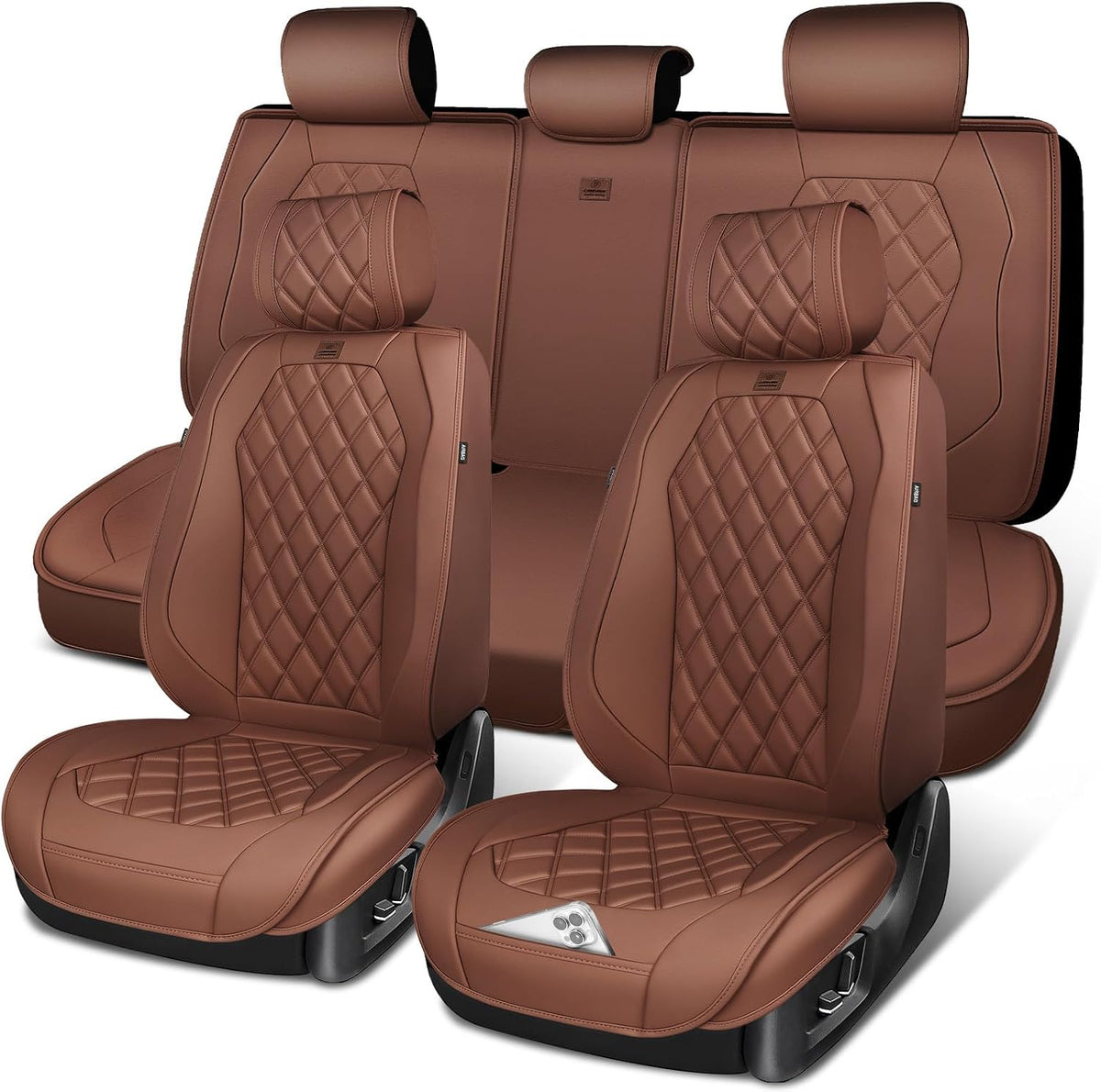 CAR PASS Luxury Nappa Leather Seat Covers Full Set, 3D Rhombus Waterproof Faux Leather Seat Covers, Universal Automotive Seat Cushion Fit for Most Sedan SUV Truck Van, Airbag Compatible Brown