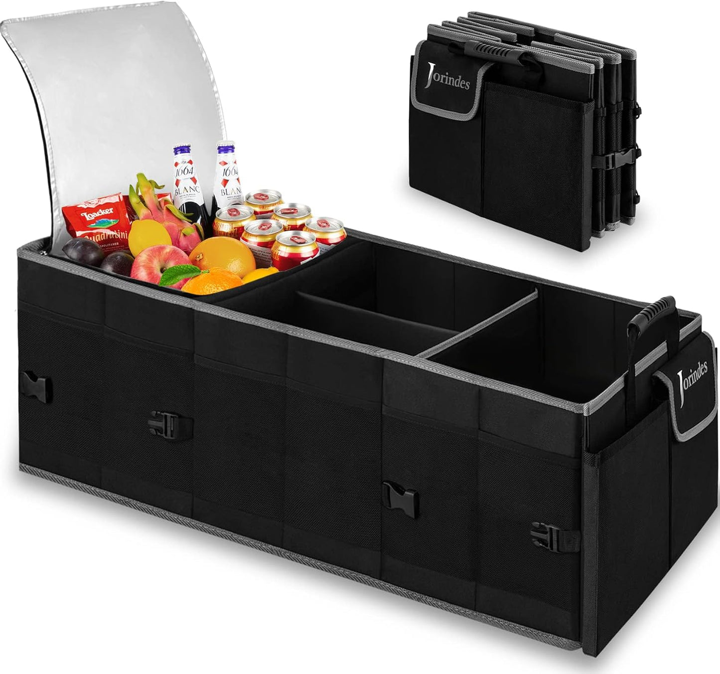 Trunk Organizer with Built-in Insulated Leak Proof Cooler Bag,Collapsible Cargo Organizer for SUV with Non Slip Bottom Strips,3 Large Compartments Foldable Waterproof Portable Car Storage Box XL