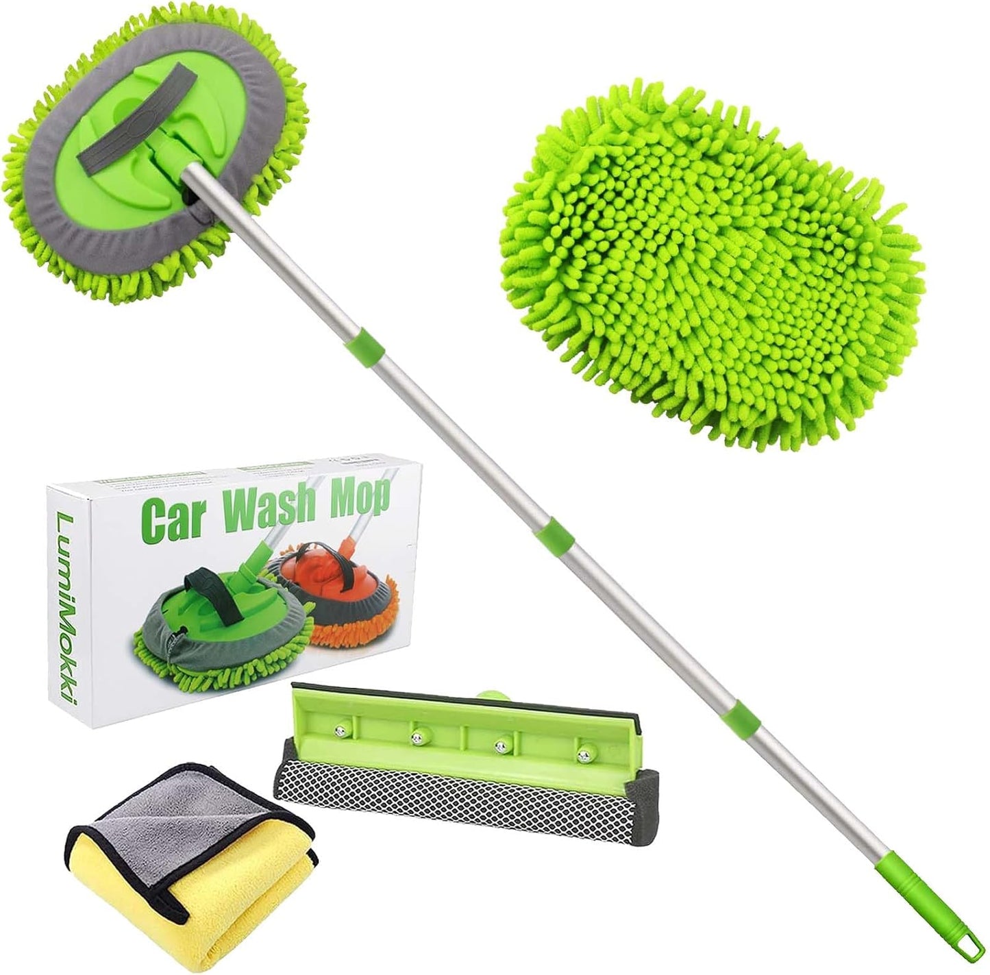 LumiMokki 62 " Car Wash Mop Kit - Car Cleaning Mop with Long Handle Stainless Steel Pole for RVs, SUVs, Trucks and Buses (Green)