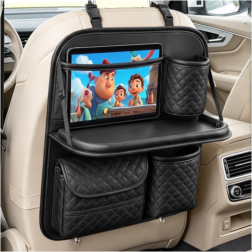 Car Backseat Organizer with Tablet Holder, Back Seat Protector with Storage Pocket & Foldable Food Tray, Auto Kick Mat Backseat Organizer Accessories for Travel Trip, Universal Fit (Black)