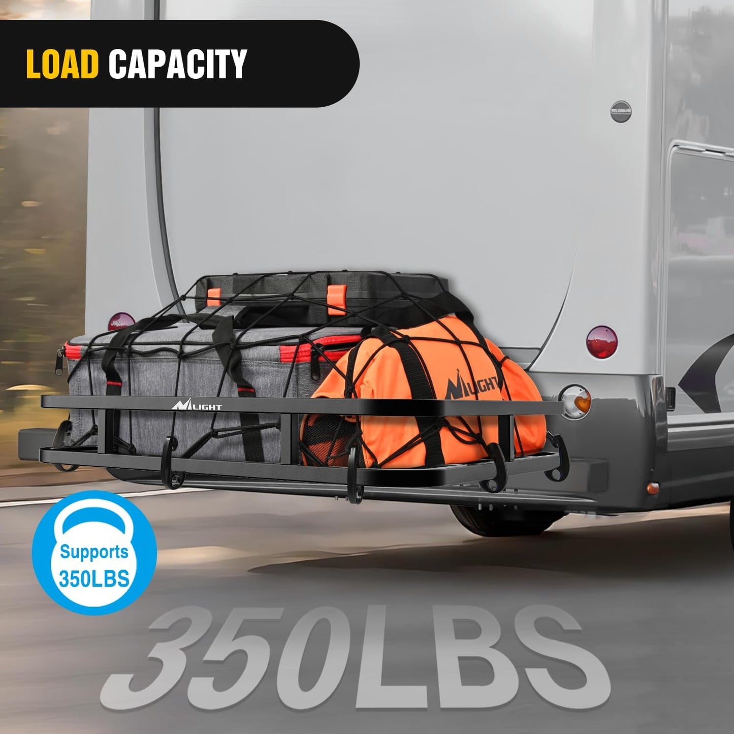 Nilight 32”×26”×4” RV Bumper Mounted Cargo Rack Carrier with Net Fits 4-inch or 4-1/2-inch Bumpers Heavy Duty Luggage Holder Basket for RV Camping Traveling Capacity 350LBS