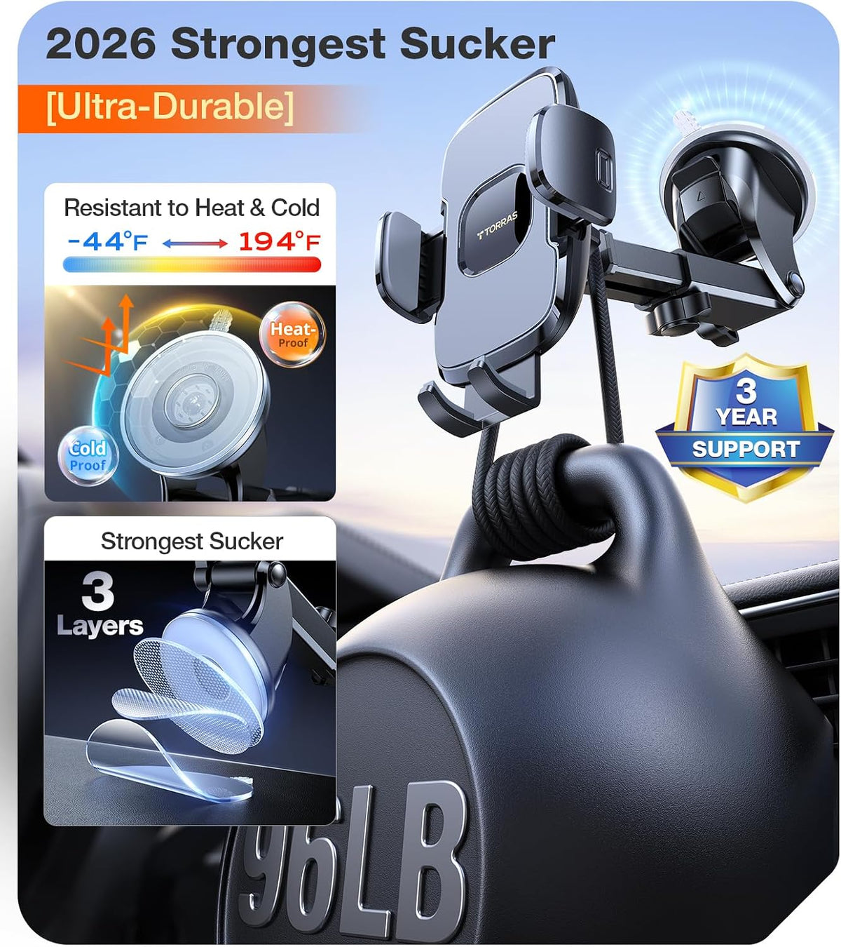 TORRAS 96+LBS Strongest Suction & Military-Grade Universal Car Phone Mount