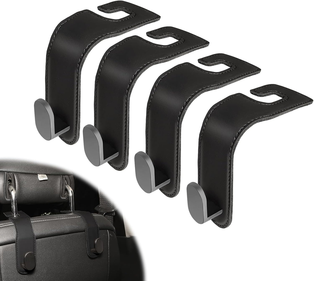 4 Pcs Car Headrest Hooks, Heavy-Duty PU Leather & Stainless Steel Car Seat Organizer for Purses & Bags, Supports Up to 44 lbs