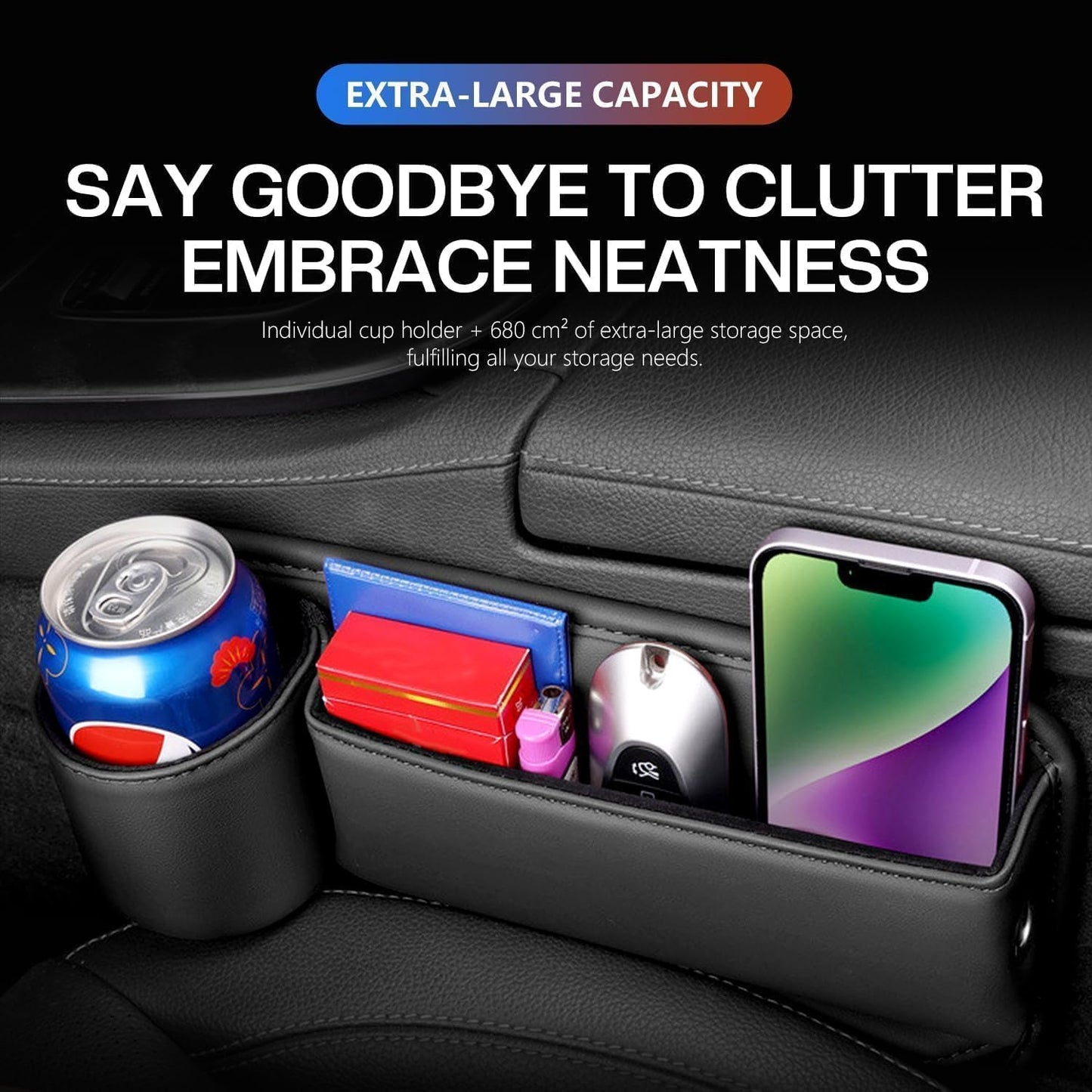 2025 New Car Seat Gap Filler Organizer, Car Seat Gap Filler with Cup Holder and Storage for Keys, Cards, Phone, Sunglasses and Small Items (Black, A Pair)