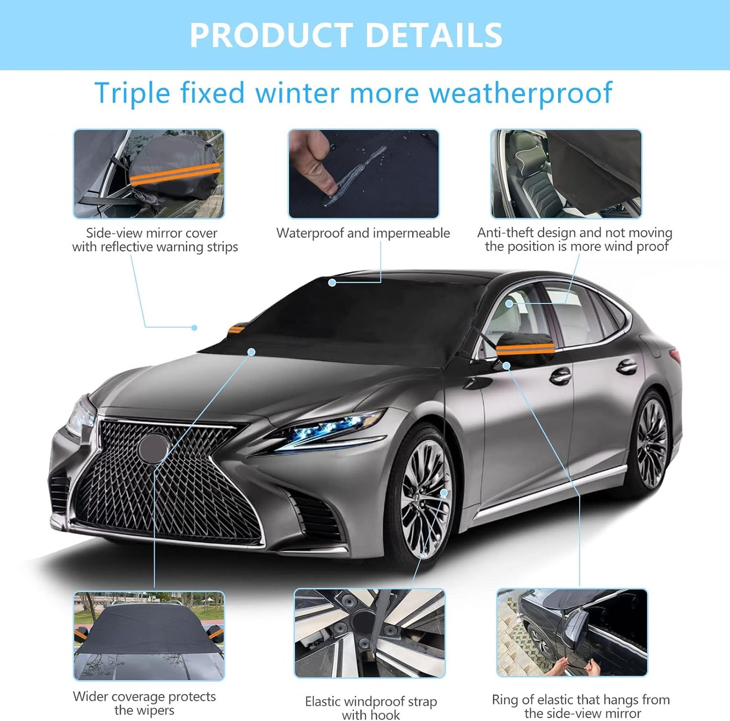 Windshield Cover for Ice and Snow, Thicken Extra Large Size Car Windshield Snow Cover with Side Mirrors Cover, Winter Windshield Covers Windproof Covers Fits Most SUVs Trucks (82.8"x 47")